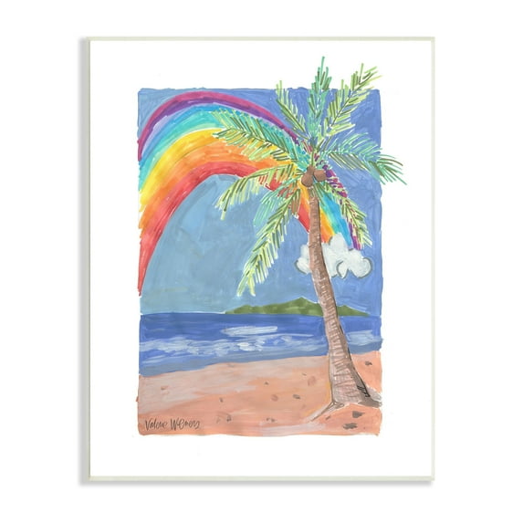 Stupell Industries Whimsical Rainbow Over Beach Tropical Palm Tree Painting Unframed Art Print Wall Art, Design by Valerie Wieners