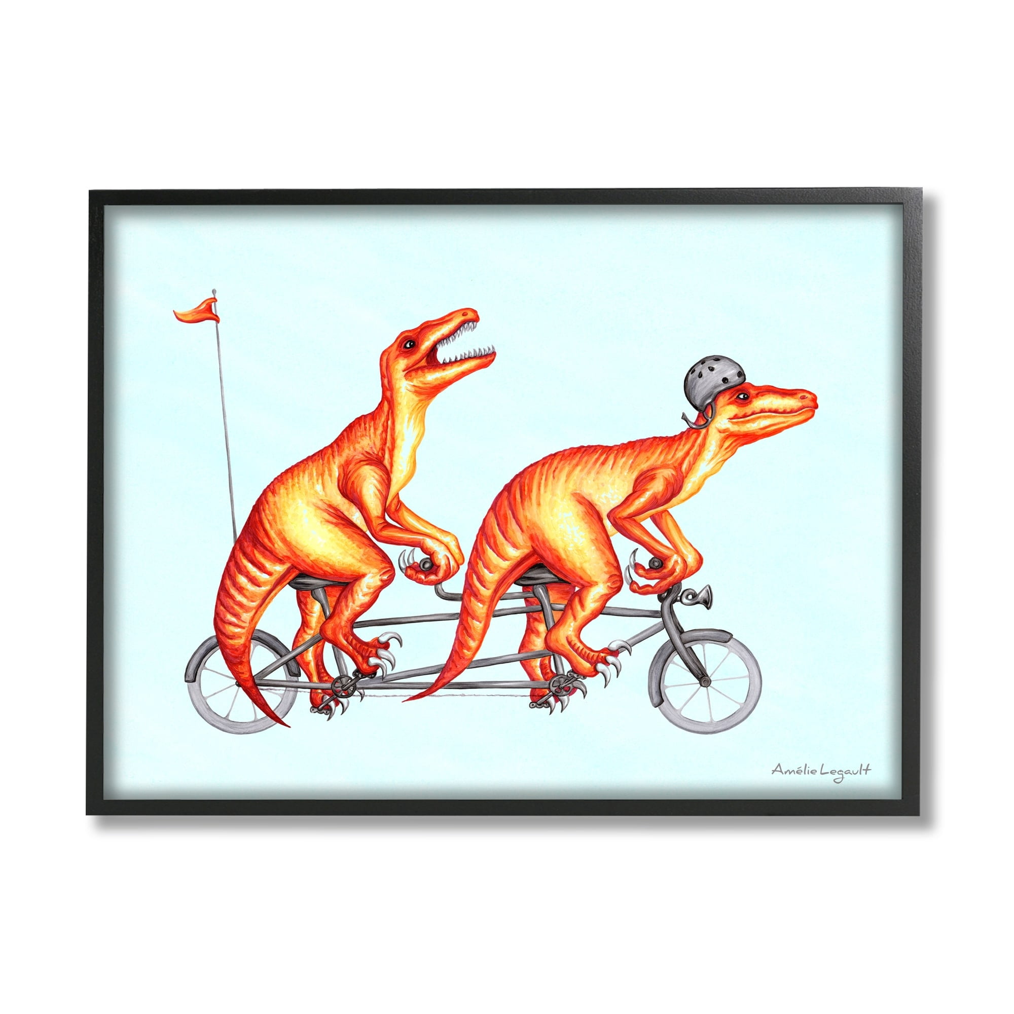 Stupell Industries Whimsical Red T-Rex Dinosaurs Riding Tandem Bicycle Graphic Art Black Framed Art Print Wall Art, Design by Amelie Legault