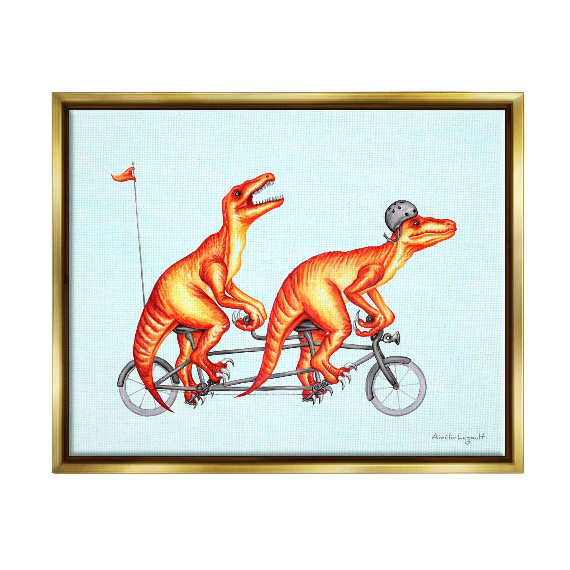 Stupell Industries Whimsical Red T-Rex Dinosaurs Riding Tandem Bicycle Graphic Art Metallic Gold Floating Framed Canvas Print Wall Art, Design by Amelie Legault