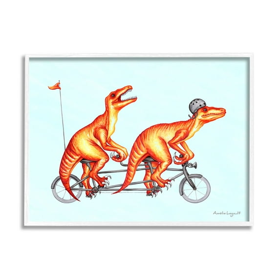 Stupell Industries Whimsical Red T-Rex Dinosaurs Riding Tandem Bicycle Graphic Art White Framed Art Print Wall Art, Design by Amelie Legault