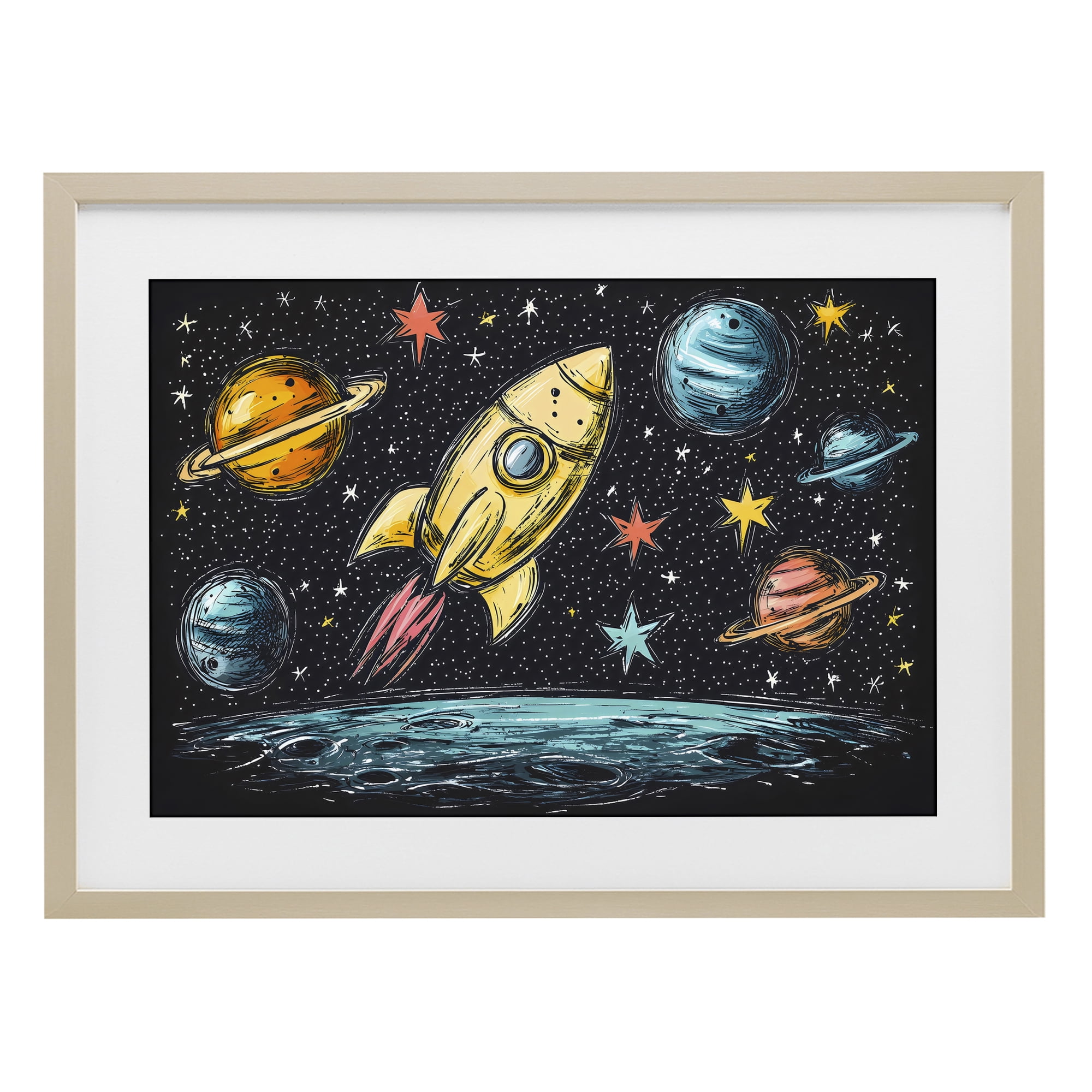 Stupell Industries Whimsical Rocket & Planets Birch Framed Print Under Glass, design by Creative Studio