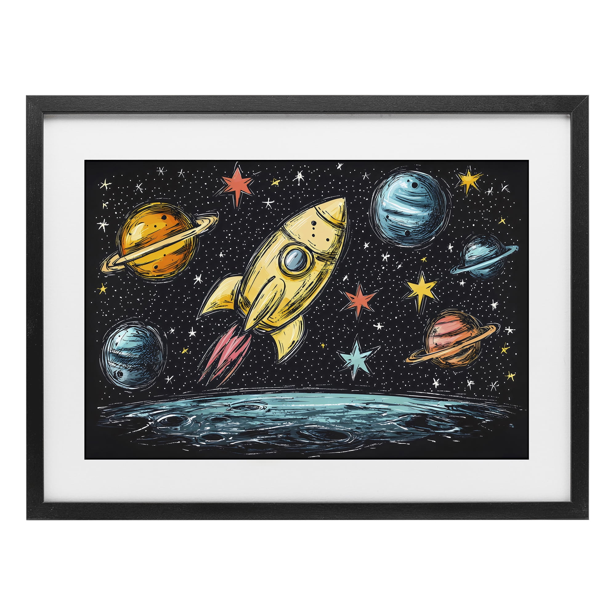 Stupell Industries Whimsical Rocket & Planets Black Framed Print Under Glass, design by Creative Studio