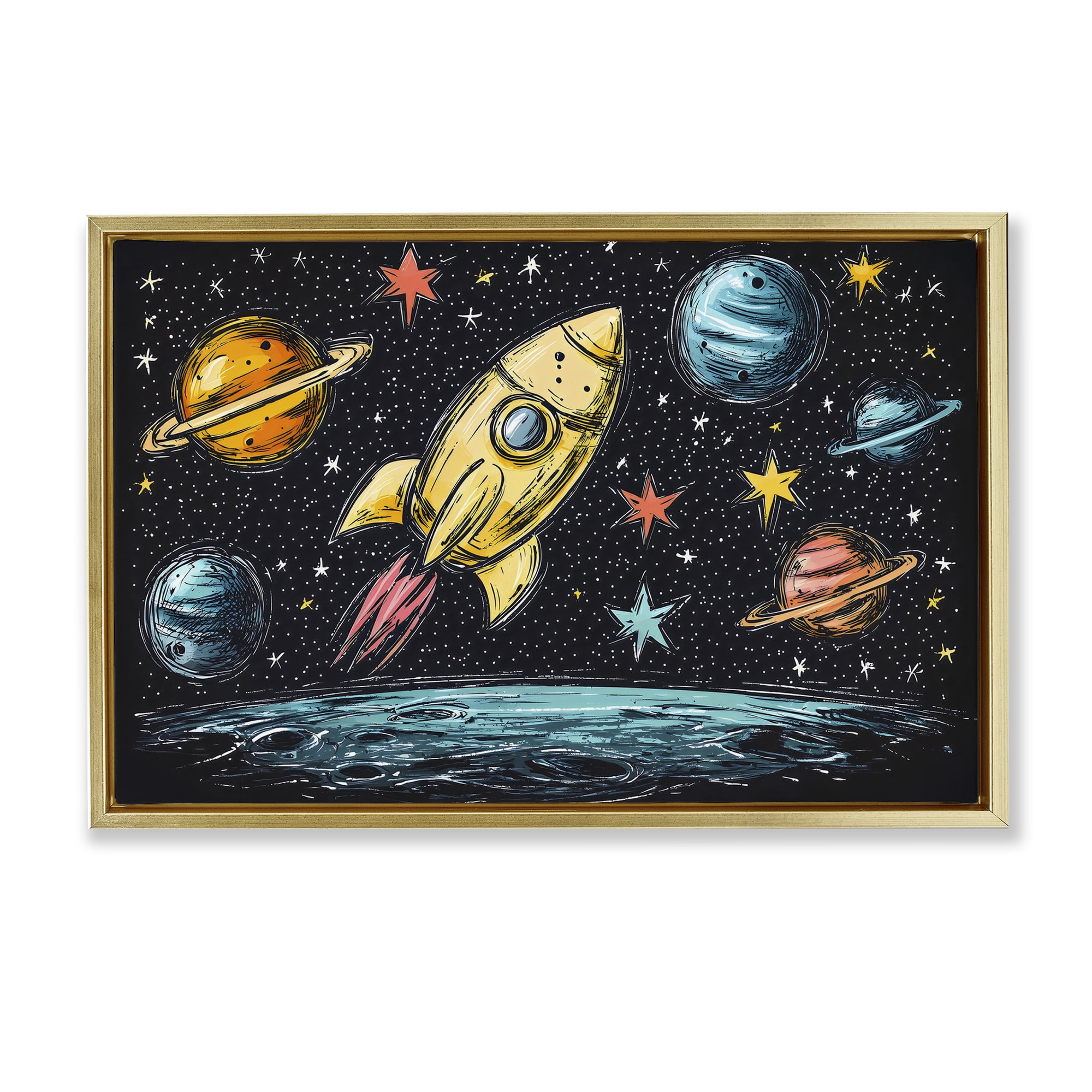 Stupell Industries Whimsical Rocket & Planets Gold Framed Floater Canvas Wall Art, design by Creative Studio