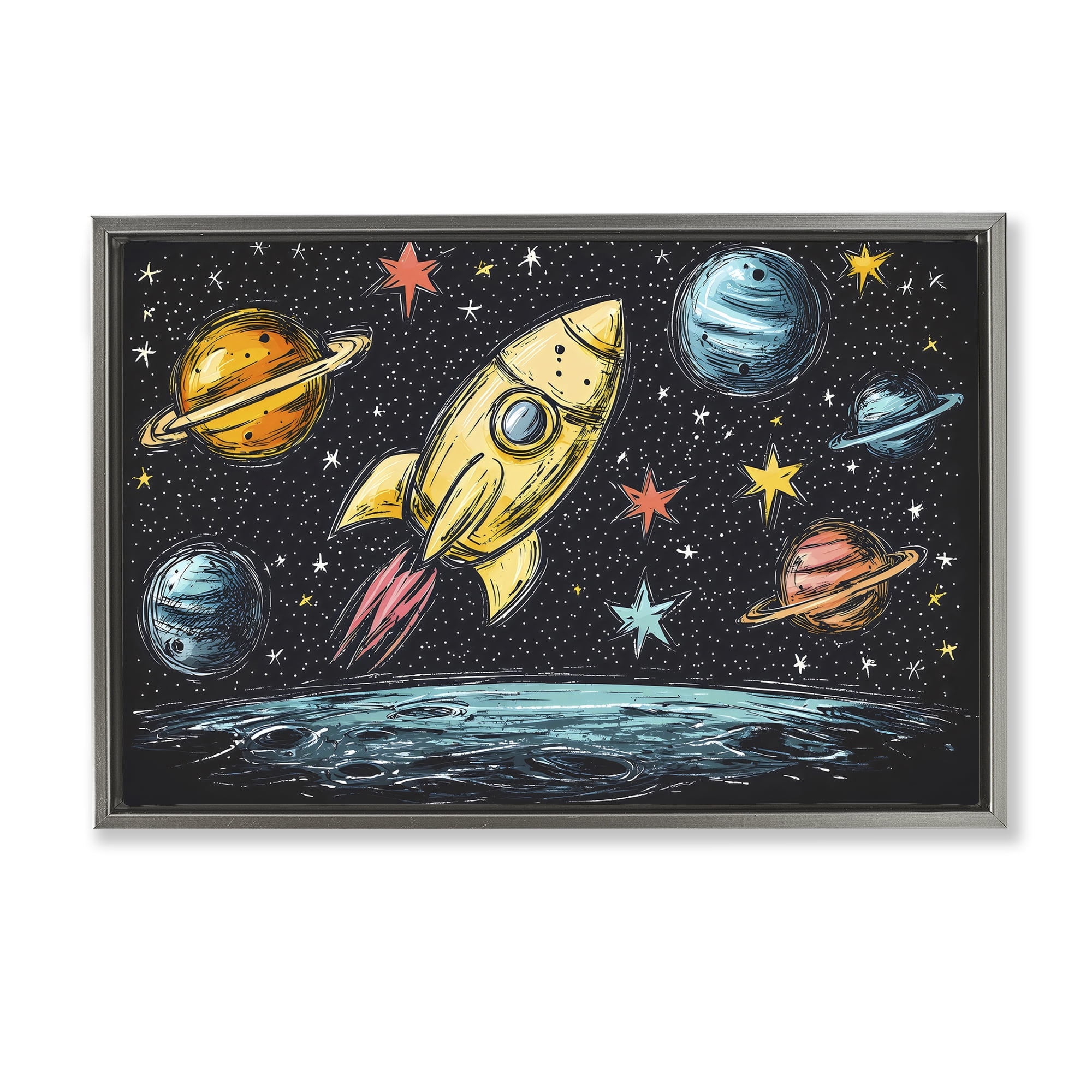 Stupell Industries Whimsical Rocket & Planets Gray Framed Floater Canvas Wall Art, design by Creative Studio