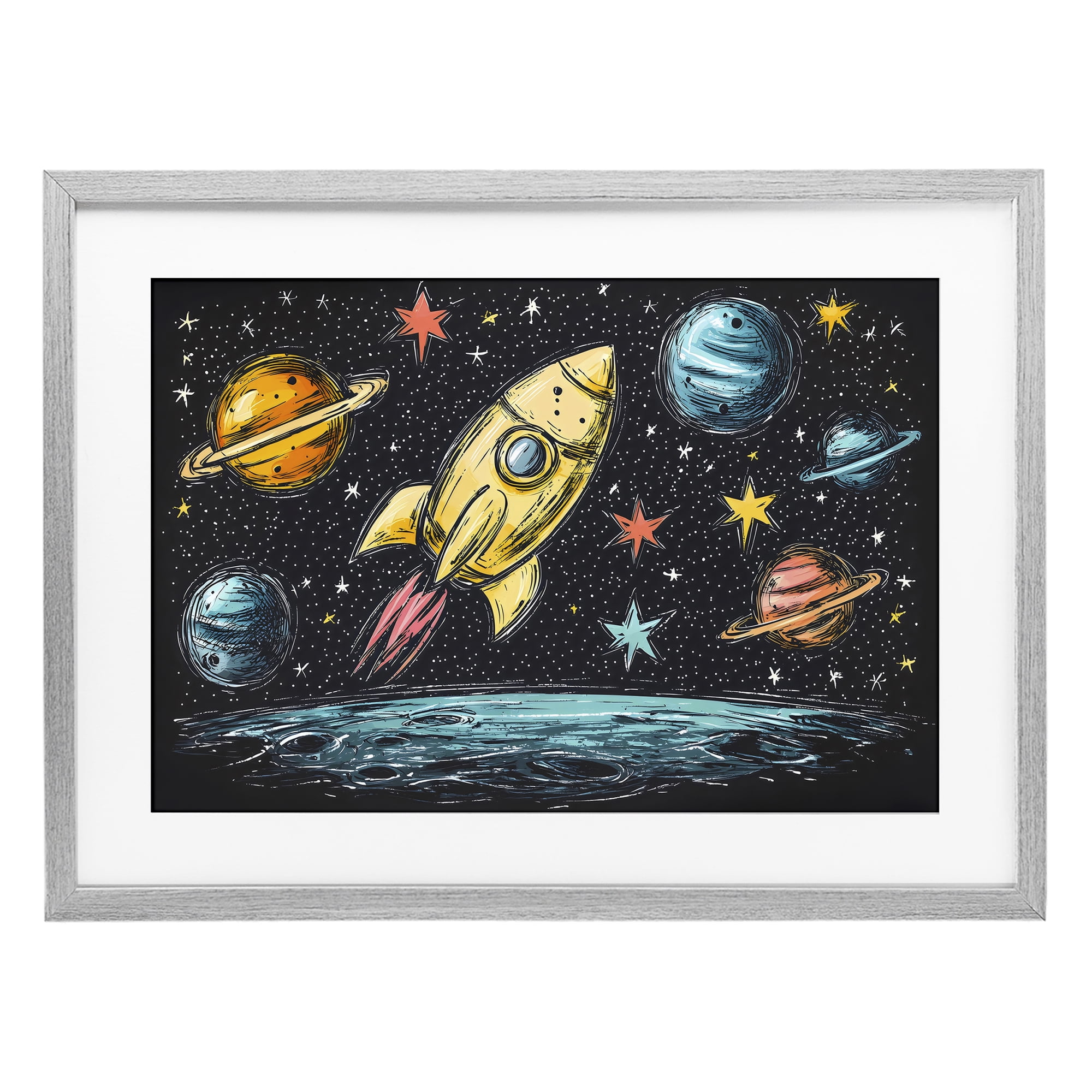 Stupell Industries Whimsical Rocket & Planets Gray Framed Print Under Glass, design by Creative Studio