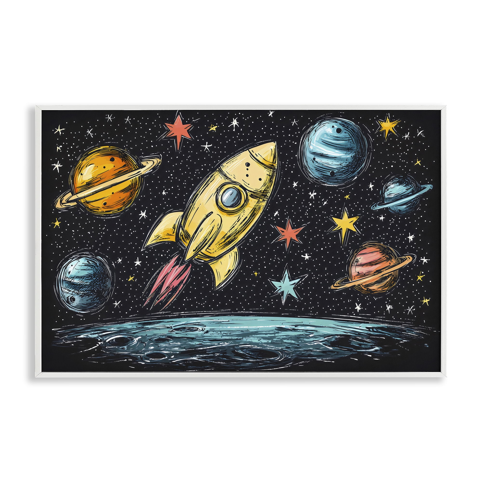 Stupell Industries Whimsical Rocket & Planets White Framed Giclee Art, design by Creative Studio