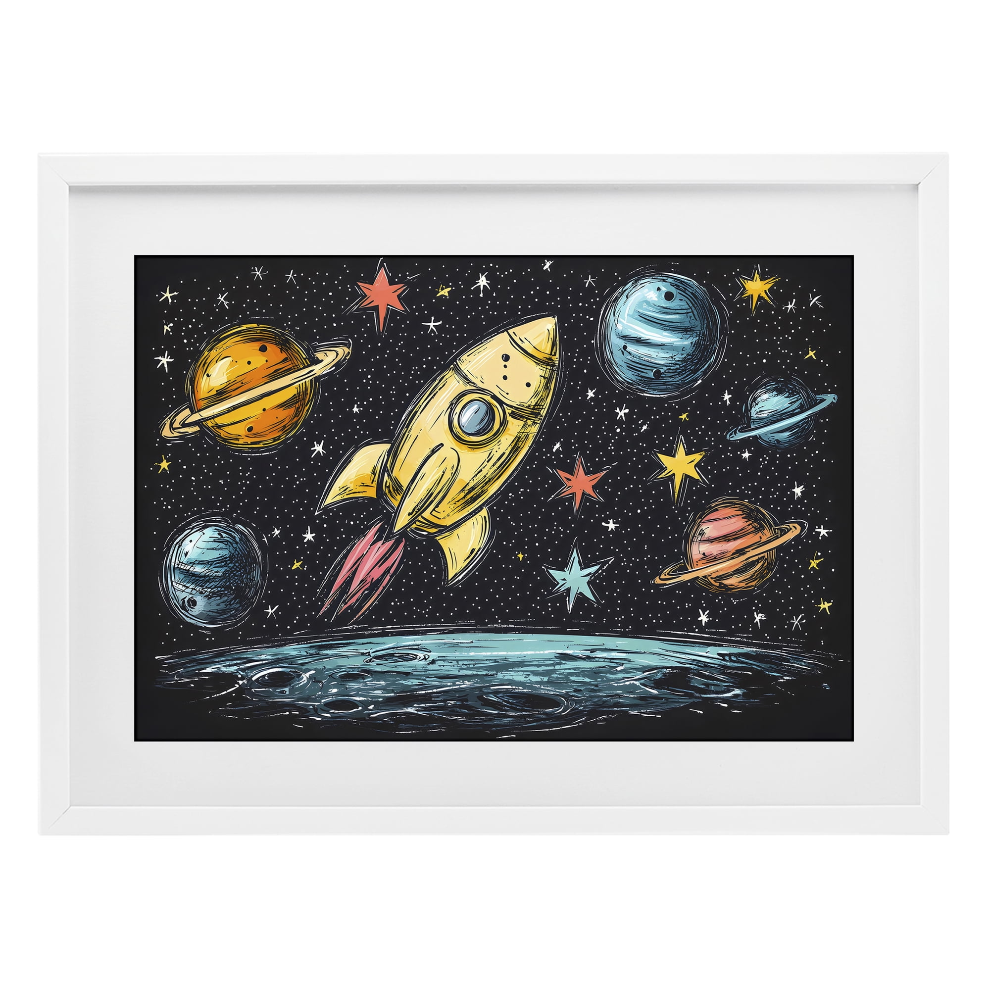 Stupell Industries Whimsical Rocket & Planets White Framed Print Under Glass, design by Creative Studio