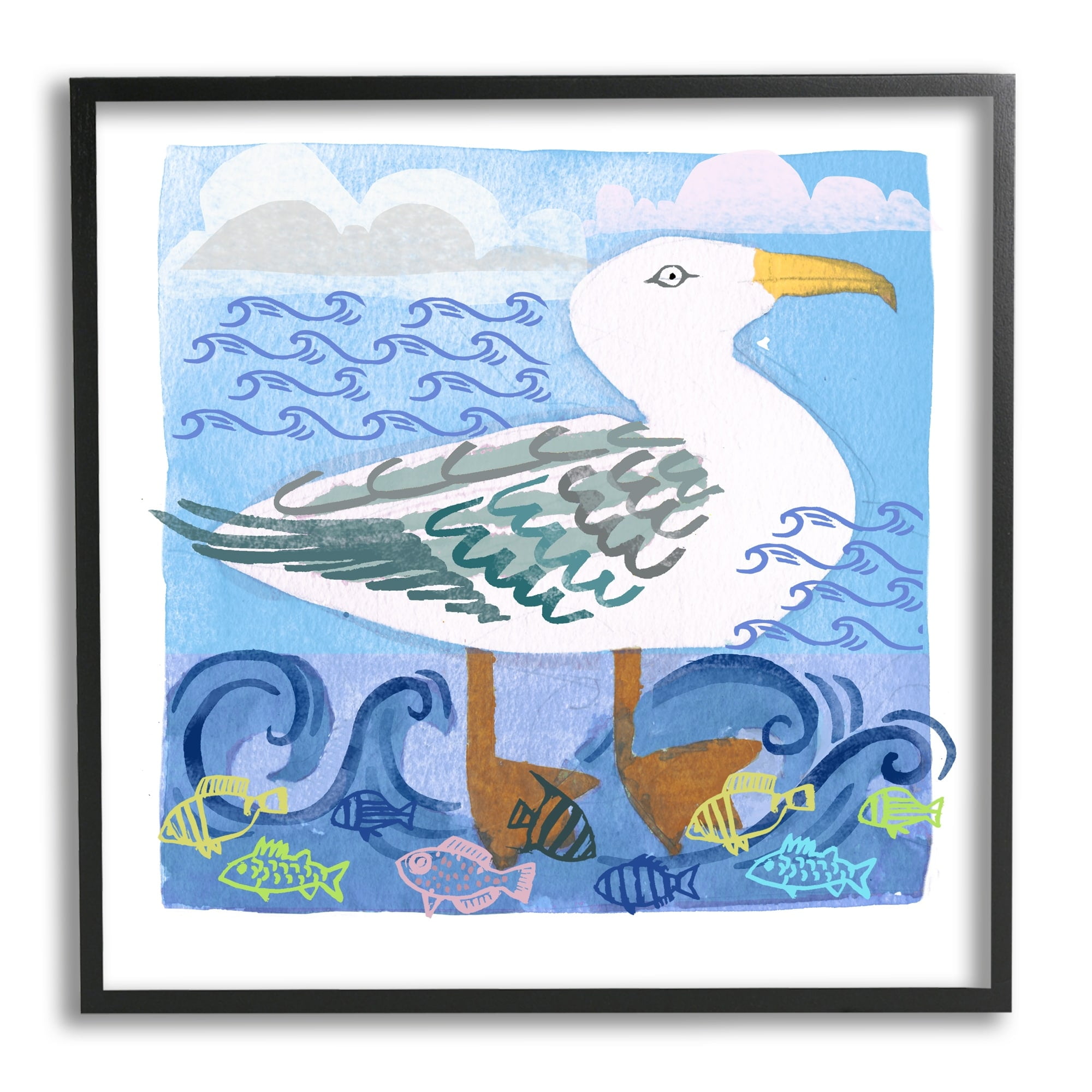 Stupell Industries Whimsical Seagull Bird Layered Ocean Waves Painting Graphic Art Black Framed Art Print Wall Art, Design by unknown