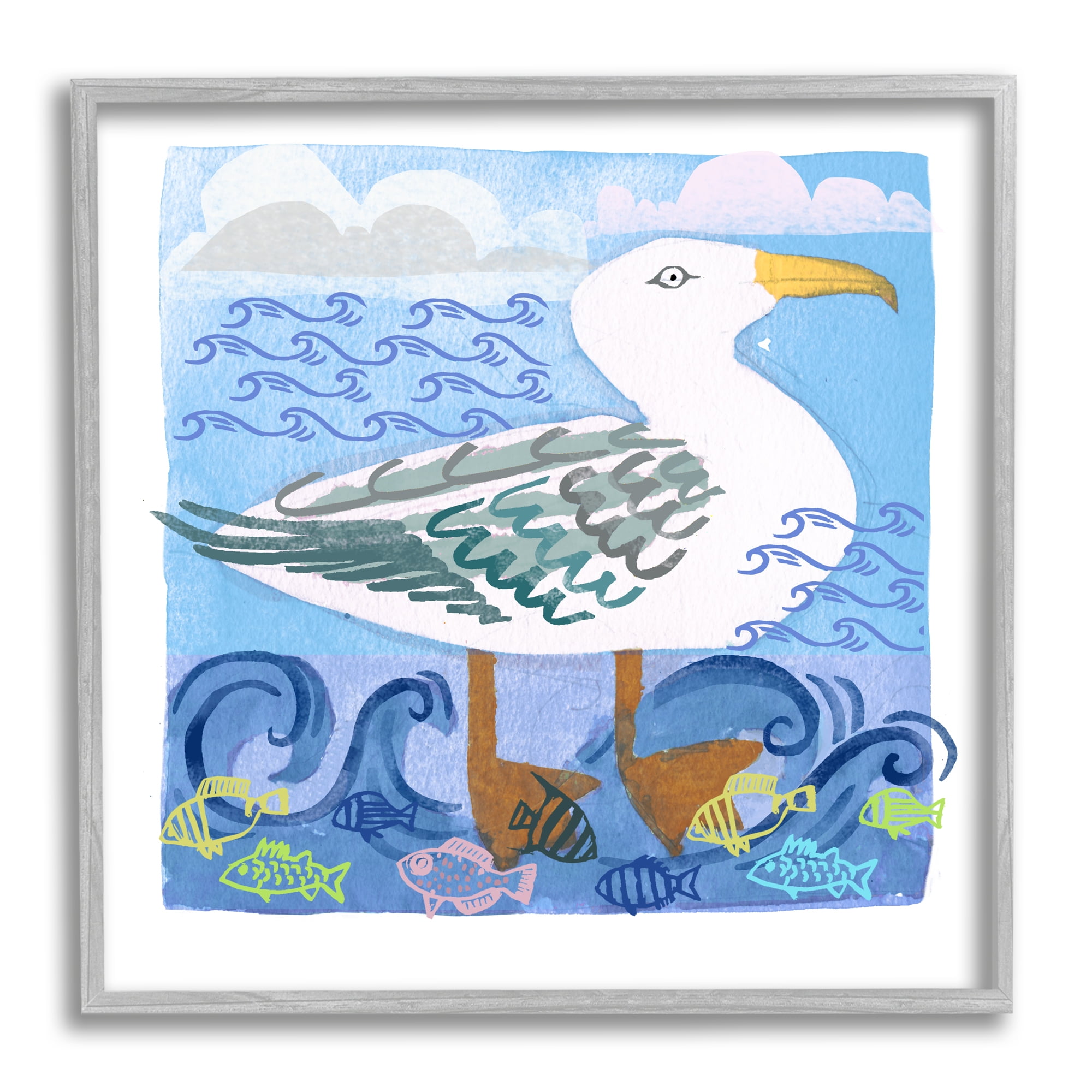 Stupell Industries Whimsical Seagull Bird Layered Ocean Waves Painting Graphic Art Gray Framed Art Print Wall Art, Design by unknown
