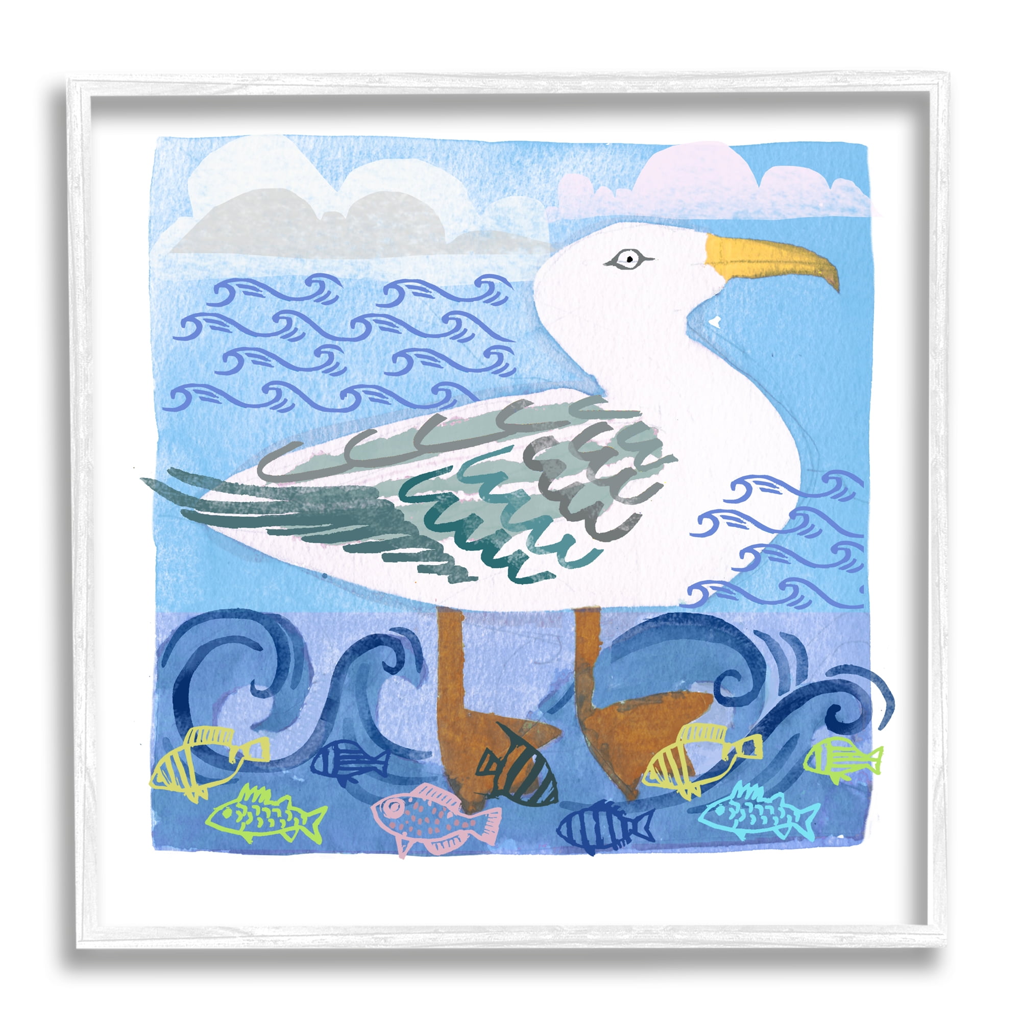 Stupell Industries Whimsical Seagull Bird Layered Ocean Waves Painting Graphic Art White Framed Art Print Wall Art, Design by unknown