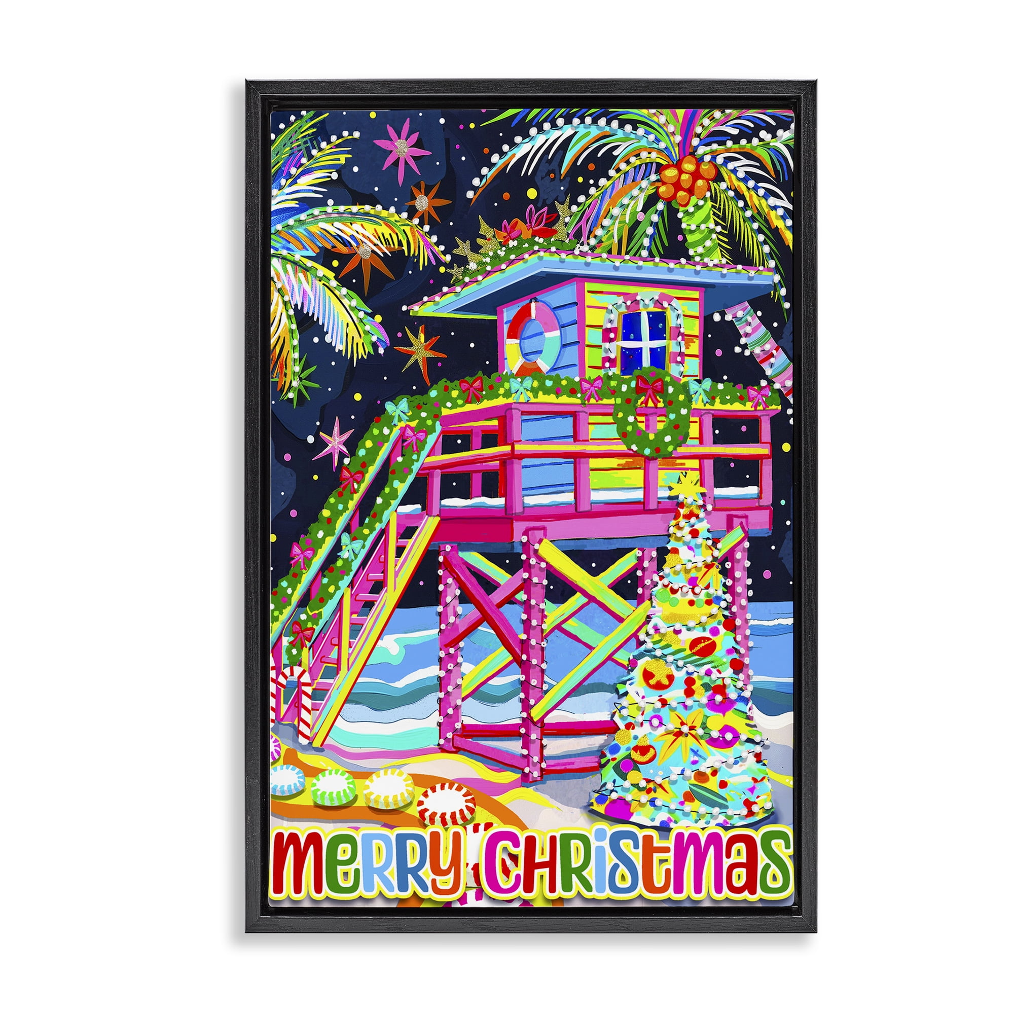 Stupell Industries Whimsical Seaside Christmas Holiday Painting Black Floater Framed Canvas Art Prints Wall Art, 17 x 25