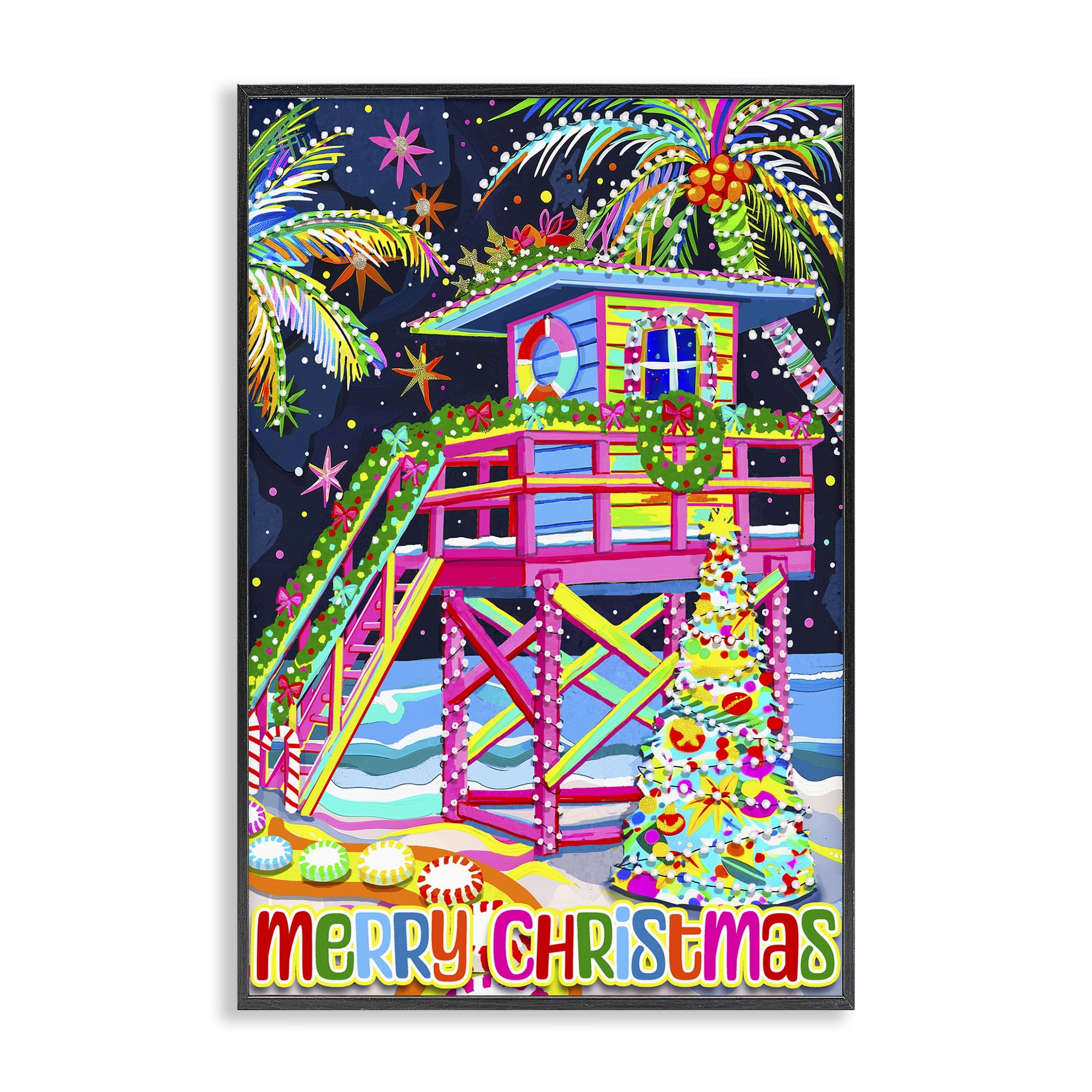 Stupell Industries Whimsical Seaside Christmas Holiday Painting Black Framed Art Prints Wall Art, 20 x 30