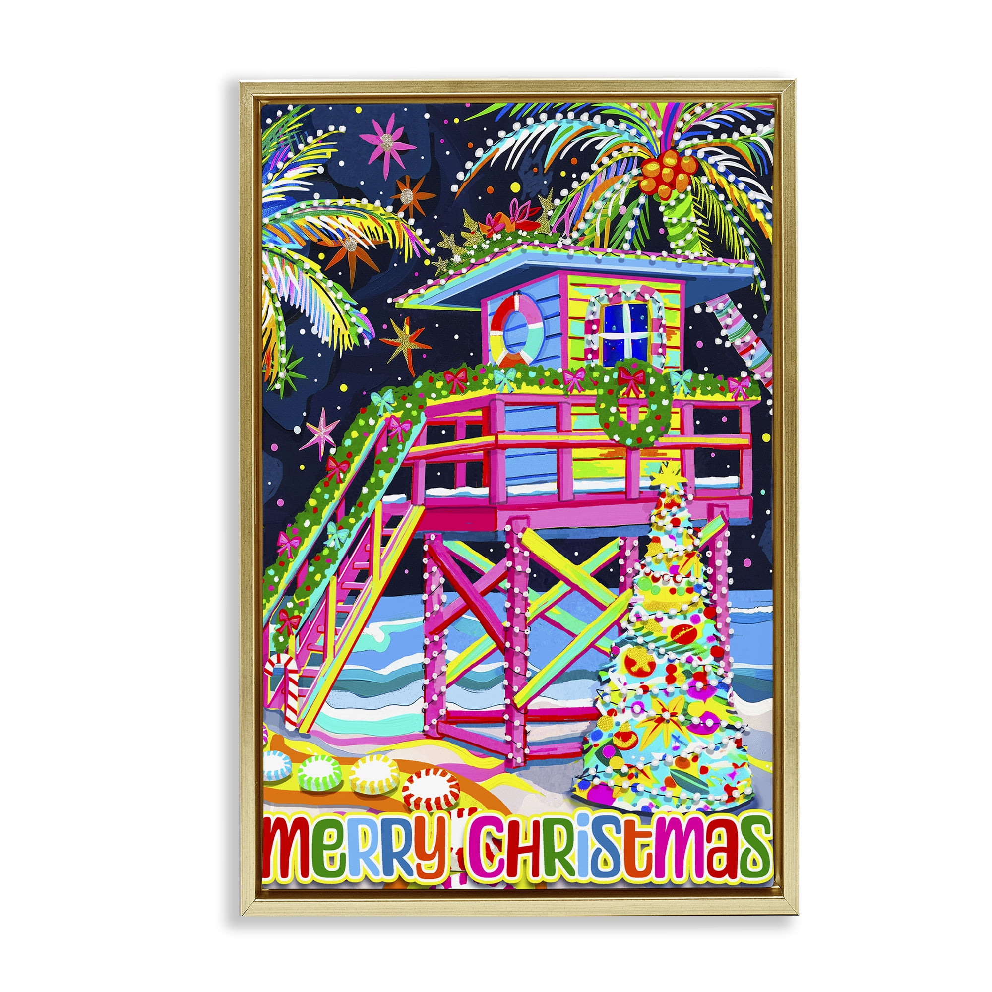 Stupell Industries Whimsical Seaside Christmas Holiday Painting Gold Floater Framed Canvas Art Prints Wall Art, 21 x 31