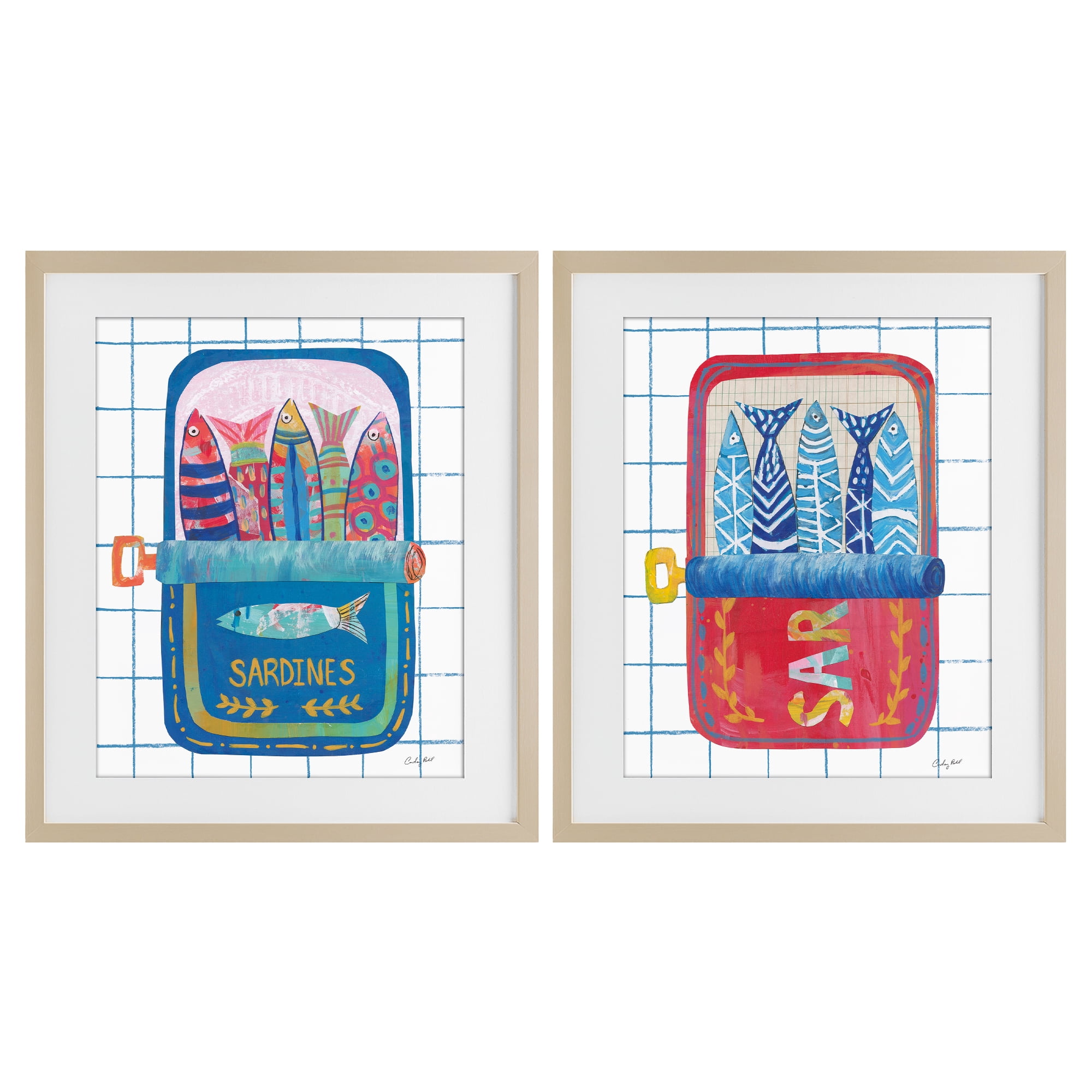 Stupell Industries Whimsical Silly Sardines 2 Piece Birch Framed Print Under Glass Set, design by Courtney Prahl