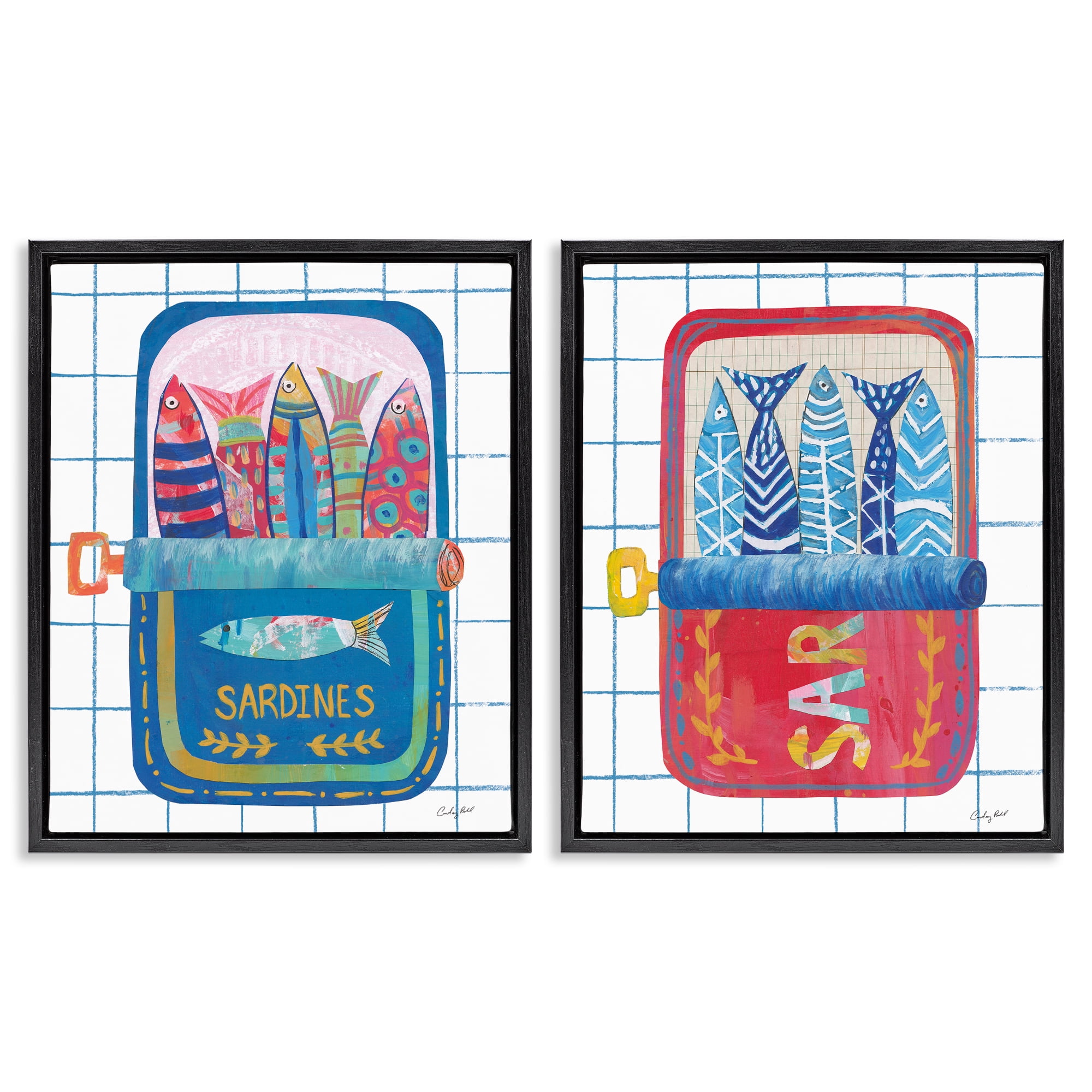 Stupell Industries Whimsical Silly Sardines 2 Piece Black Framed Floater Canvas Set, design by Courtney Prahl