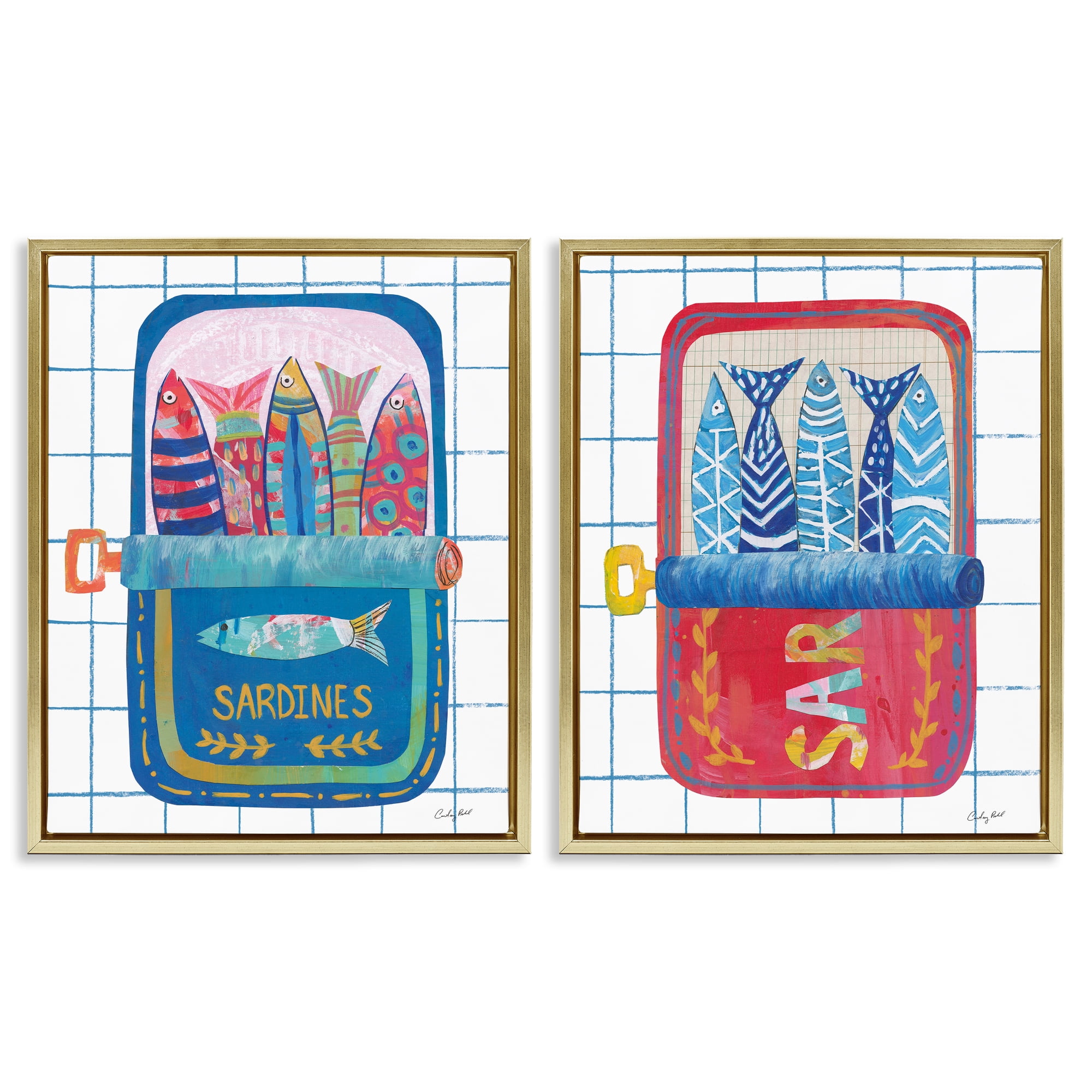 Stupell Industries Whimsical Silly Sardines 2 Piece Gold Framed Floater Canvas Set, design by Courtney Prahl
