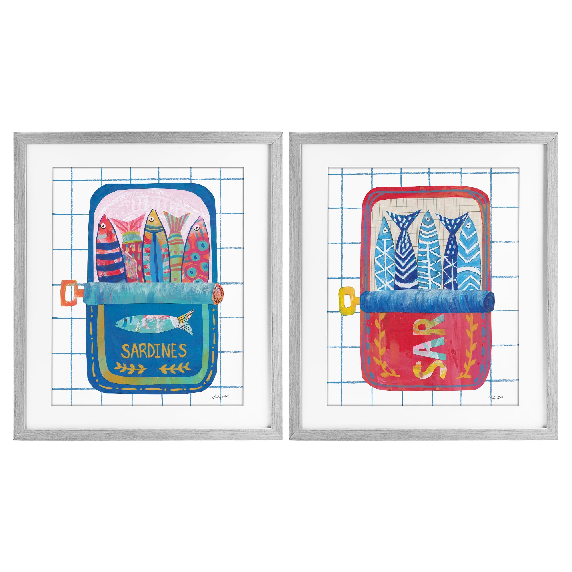 Stupell Industries Whimsical Silly Sardines 2 Piece Gray Framed Print Under Glass Set, design by Courtney Prahl