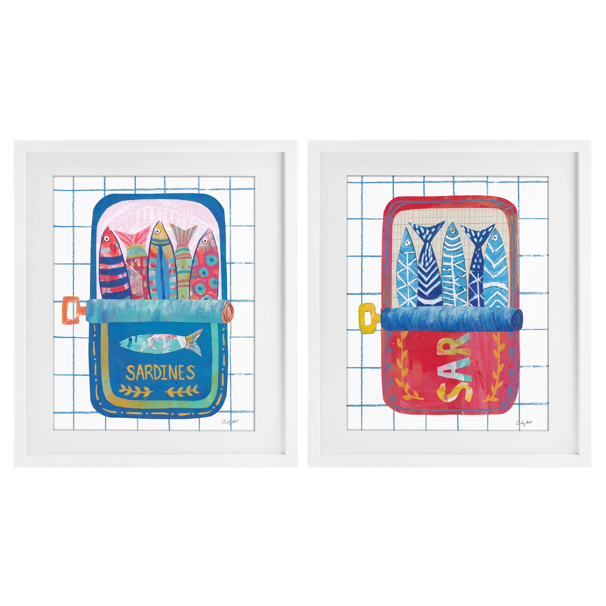 Stupell Industries Whimsical Silly Sardines 2 Piece White Framed Print Under Glass Set, design by Courtney Prahl