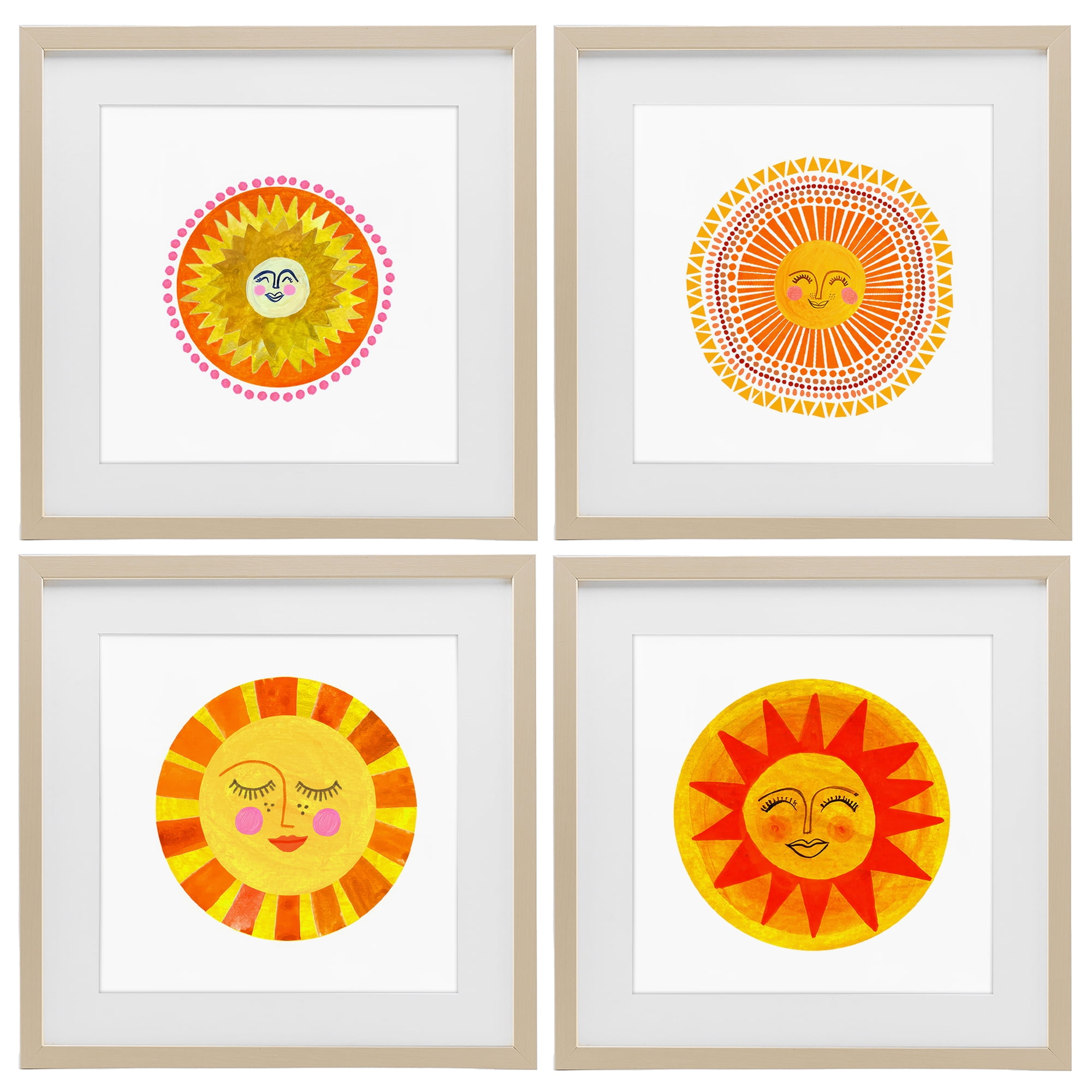 Stupell Industries Whimsical Smiling Suns 4 Piece Birch Framed Print Under Glass Set, design by Katherine Herrell Studio