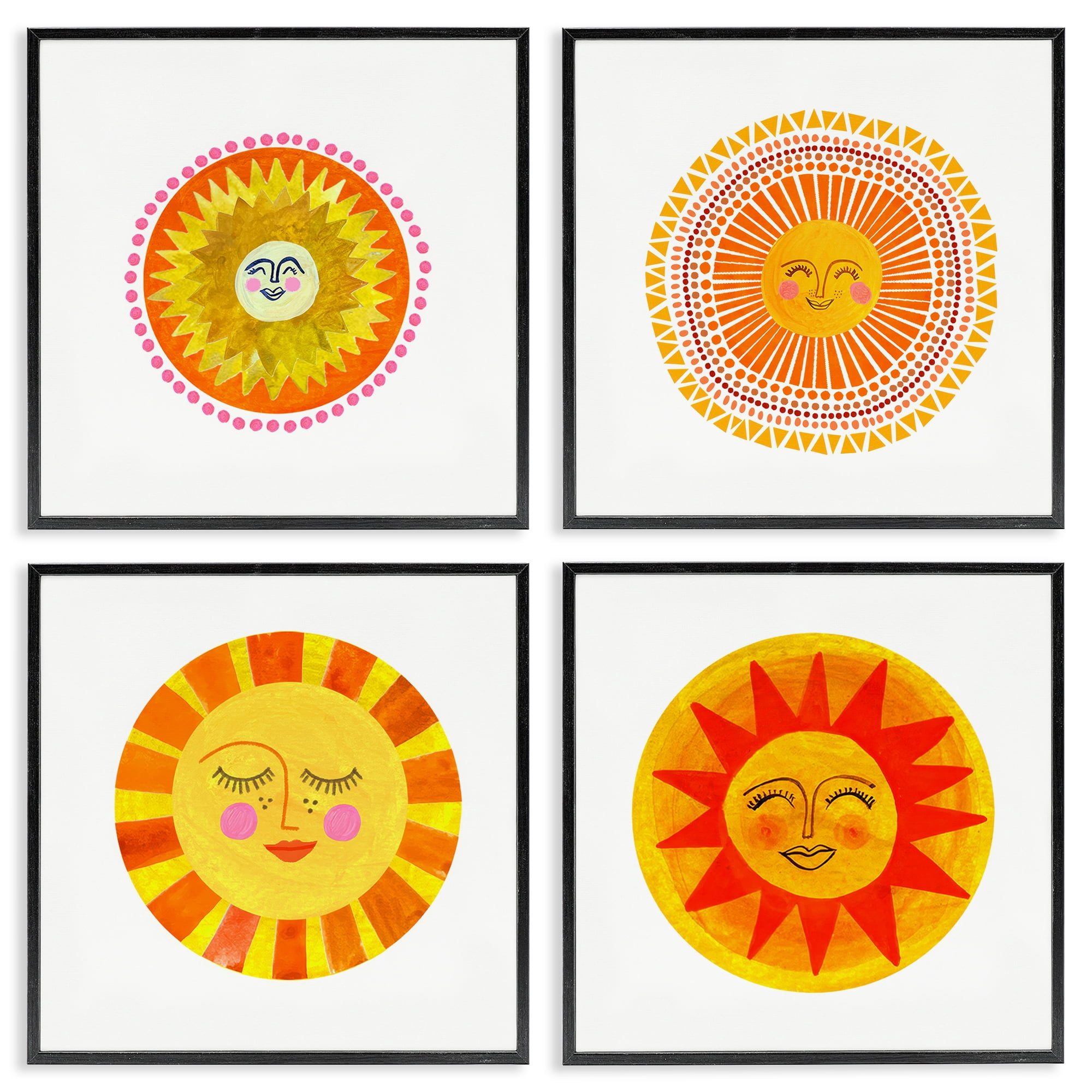 Stupell Industries Whimsical Smiling Suns 4 Piece Black Framed Giclee Art Set, design by Katherine Herrell Studio