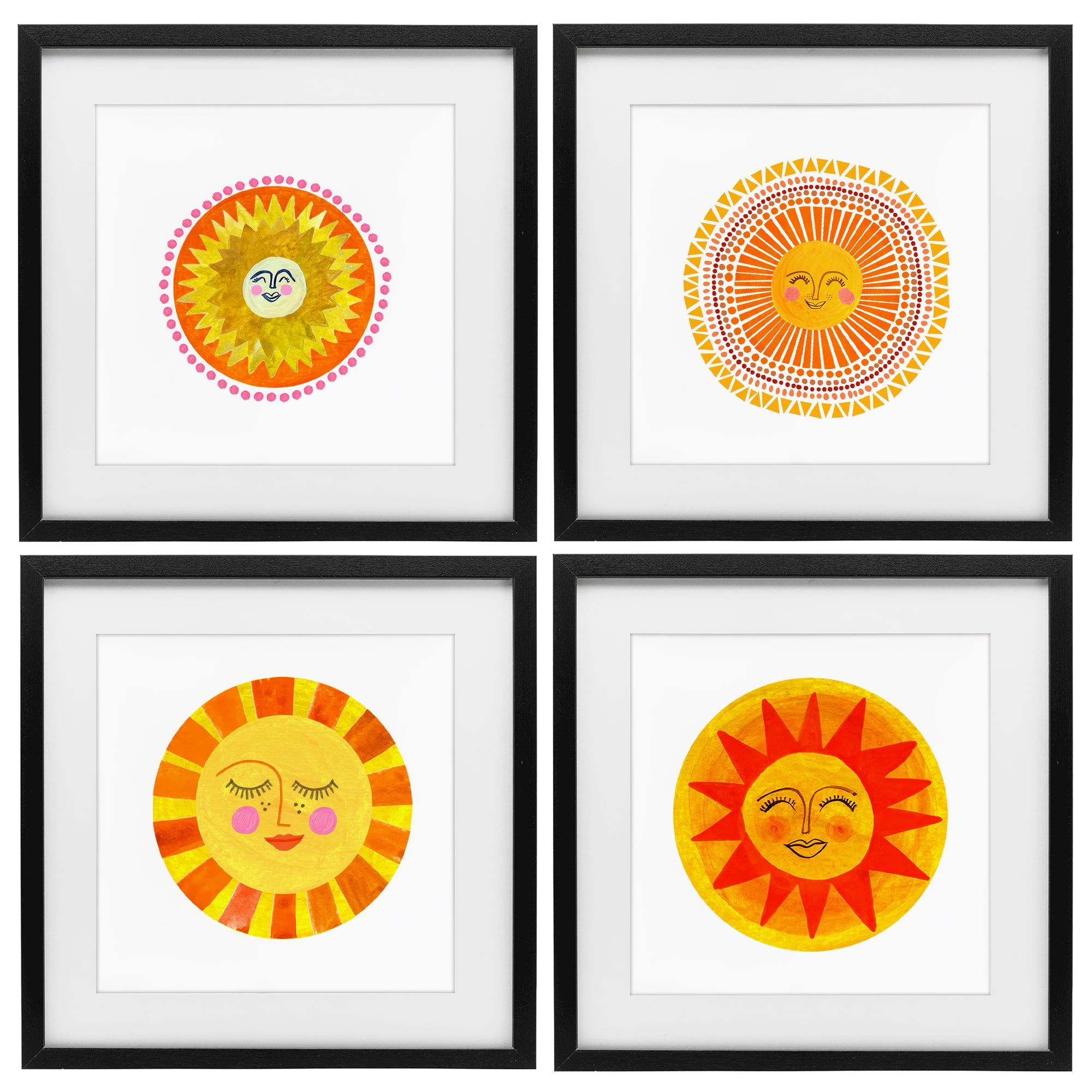 Stupell Industries Whimsical Smiling Suns 4 Piece Black Framed Print Under Glass Set, design by Katherine Herrell Studio