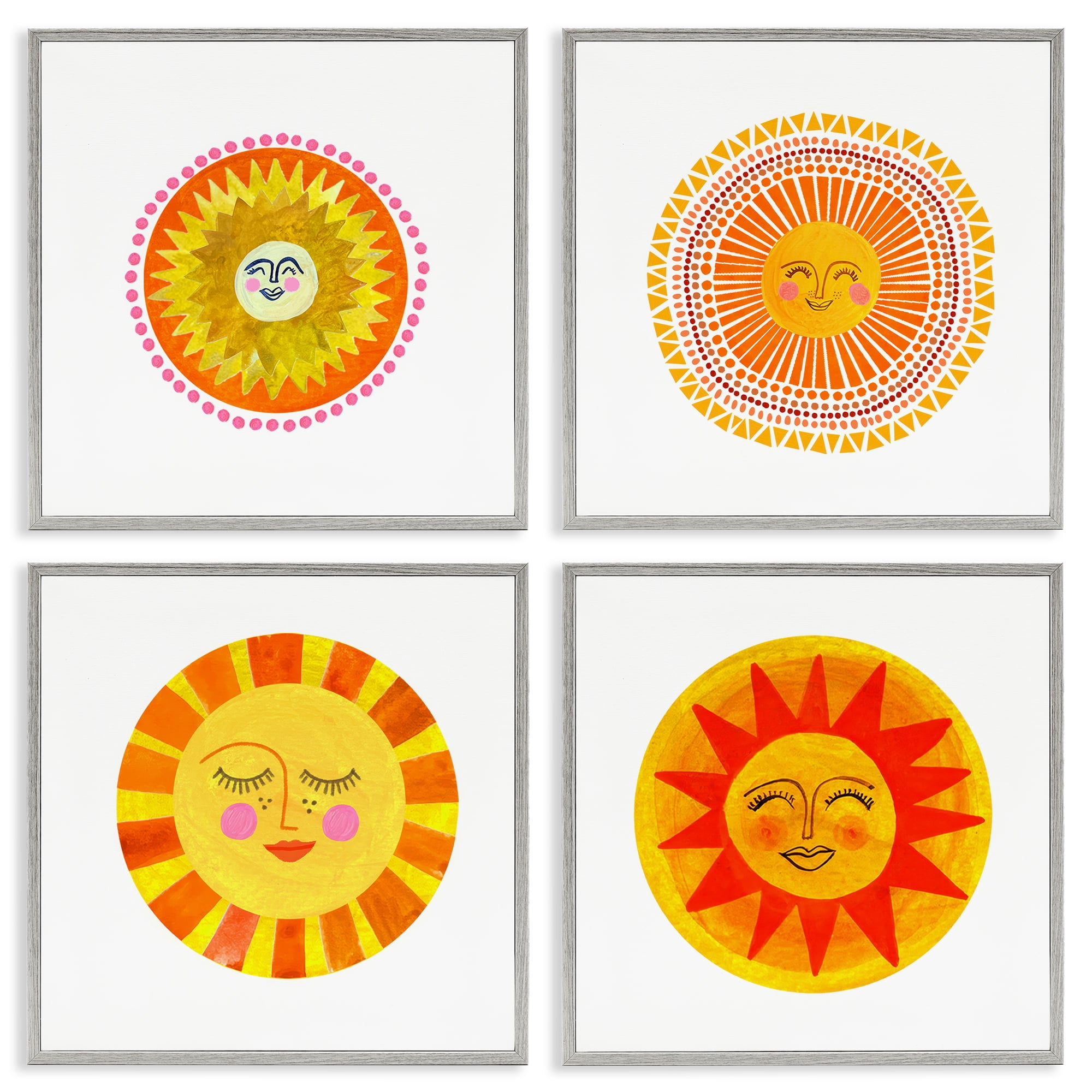 Stupell Industries Whimsical Smiling Suns 4 Piece Gray Framed Giclee Art Set, design by Katherine Herrell Studio