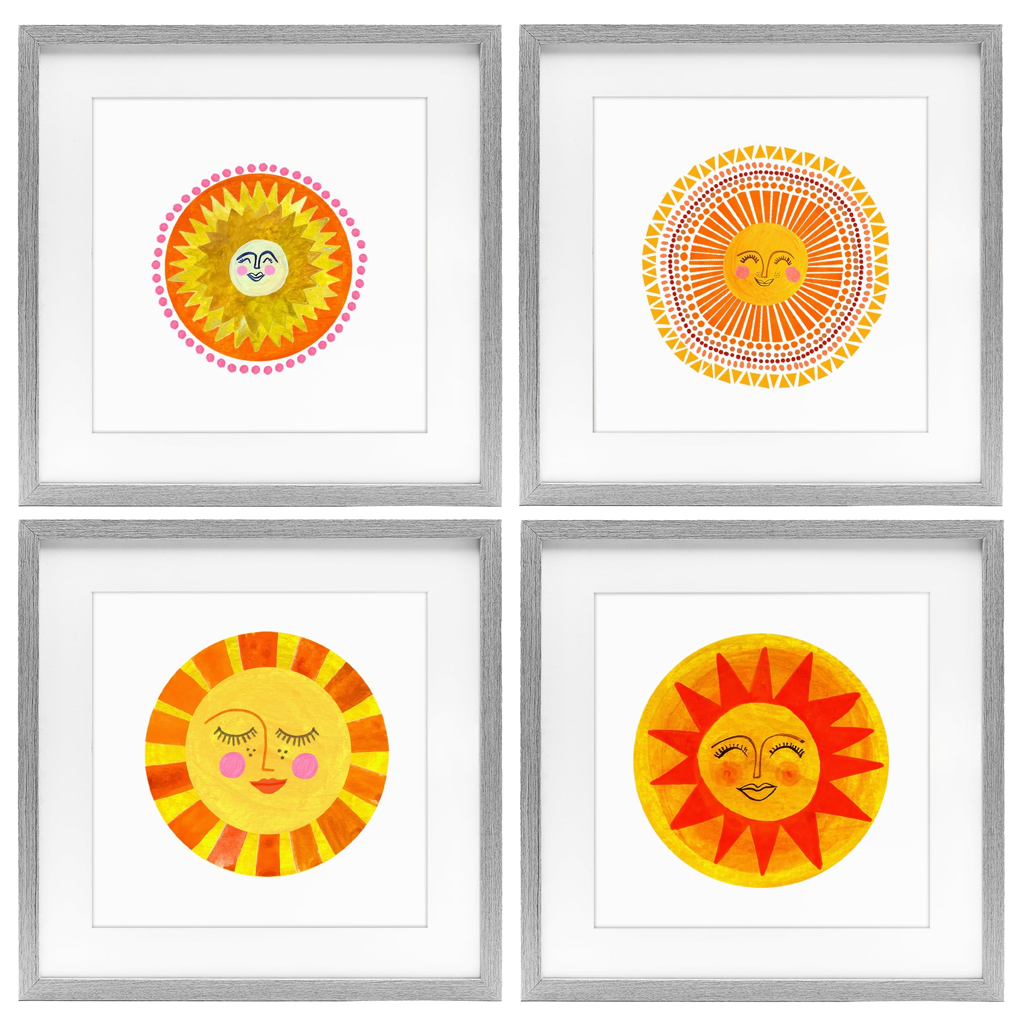Stupell Industries Whimsical Smiling Suns 4 Piece Gray Framed Print Under Glass Set, design by Katherine Herrell Studio