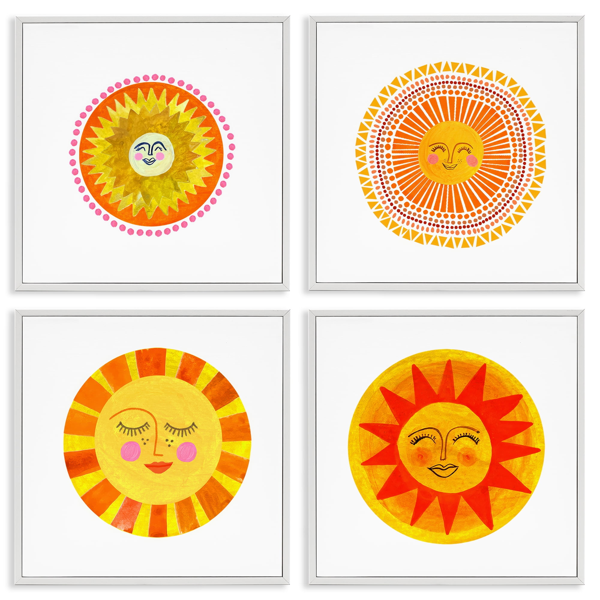 Stupell Industries Whimsical Smiling Suns 4 Piece White Framed Giclee Art Set, design by Katherine Herrell Studio