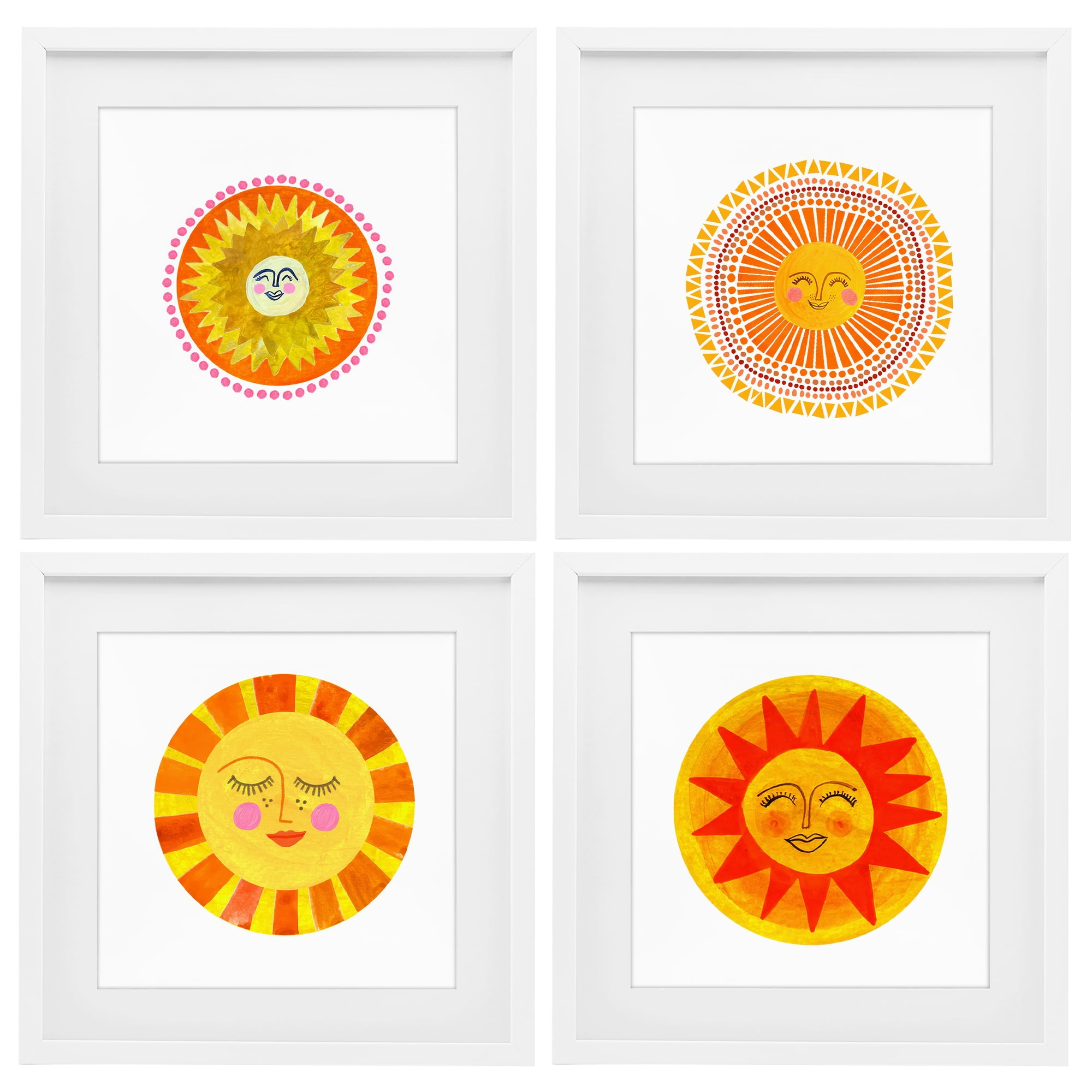 Stupell Industries Whimsical Smiling Suns 4 Piece White Framed Print Under Glass Set, design by Katherine Herrell Studio