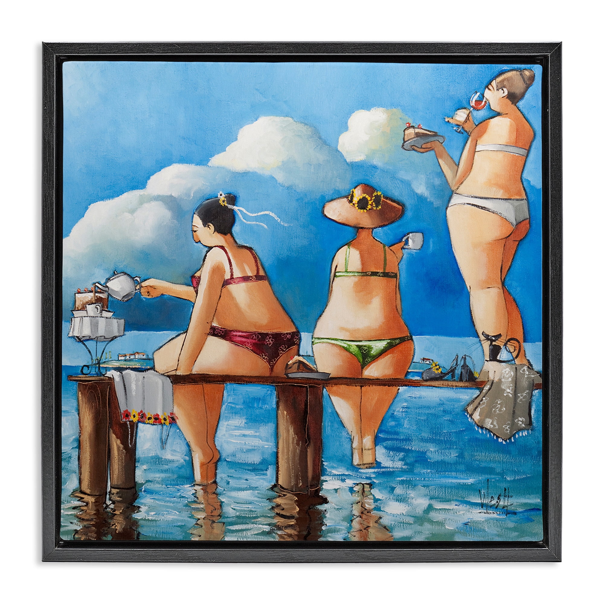 Stupell Industries Whimsical Summer Beach Ladies Nature Painting Black Floater Framed Canvas Art Print Wall Art, 25 x 25