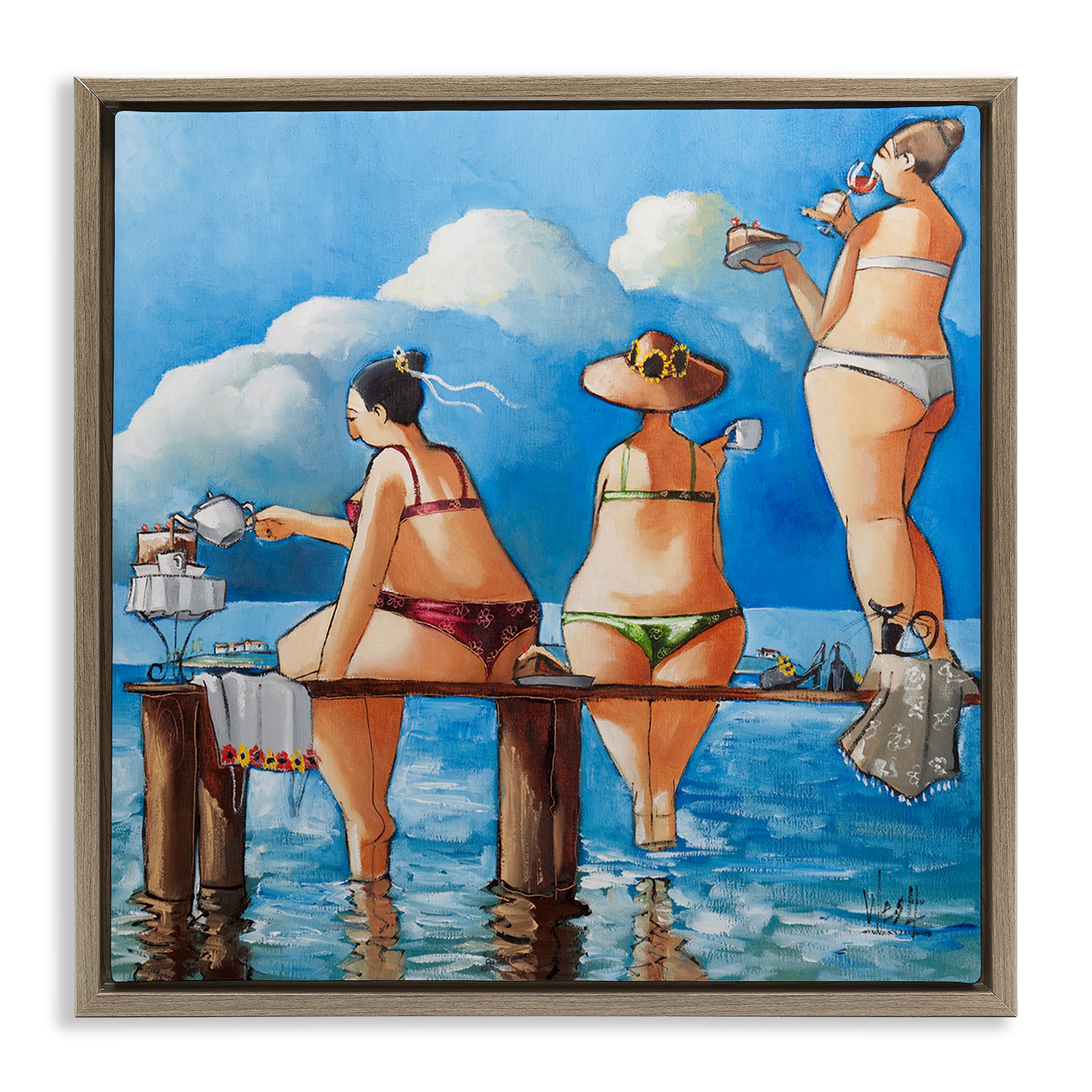 Stupell Industries Whimsical Summer Beach Ladies Nature Painting Brown Floater Framed Canvas Art Print Wall Art, 25 x 25