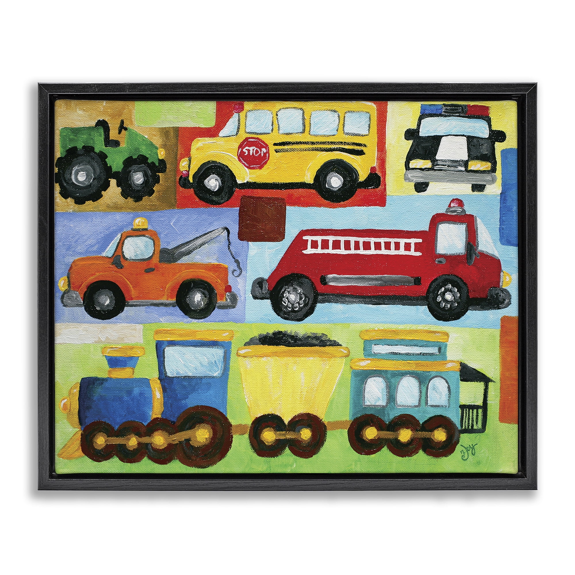 Stupell Industries Whimsical Transportation Collage Art for Kids Painting Black Floater Framed Canvas Art Print Wall Art, 21 x 17