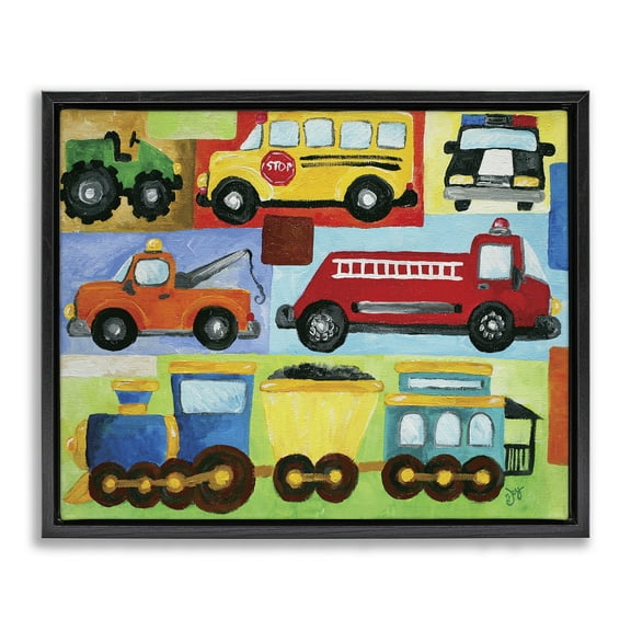 Stupell Industries Whimsical Transportation Collage Art for Kids Painting Black Floater Framed Canvas Art Print Wall Art, 21 x 17