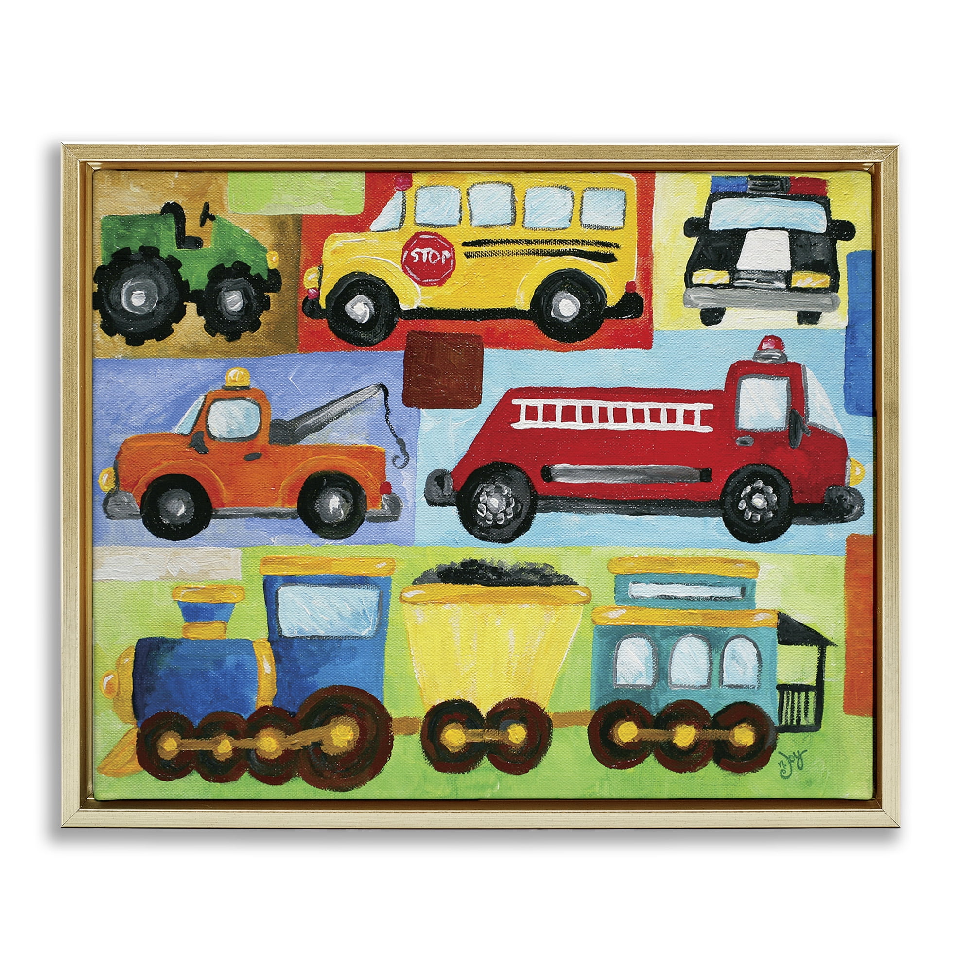 Stupell Industries Whimsical Transportation Collage Art for Kids Painting Gold Floater Framed Canvas Art Print Wall Art, 31 x 25