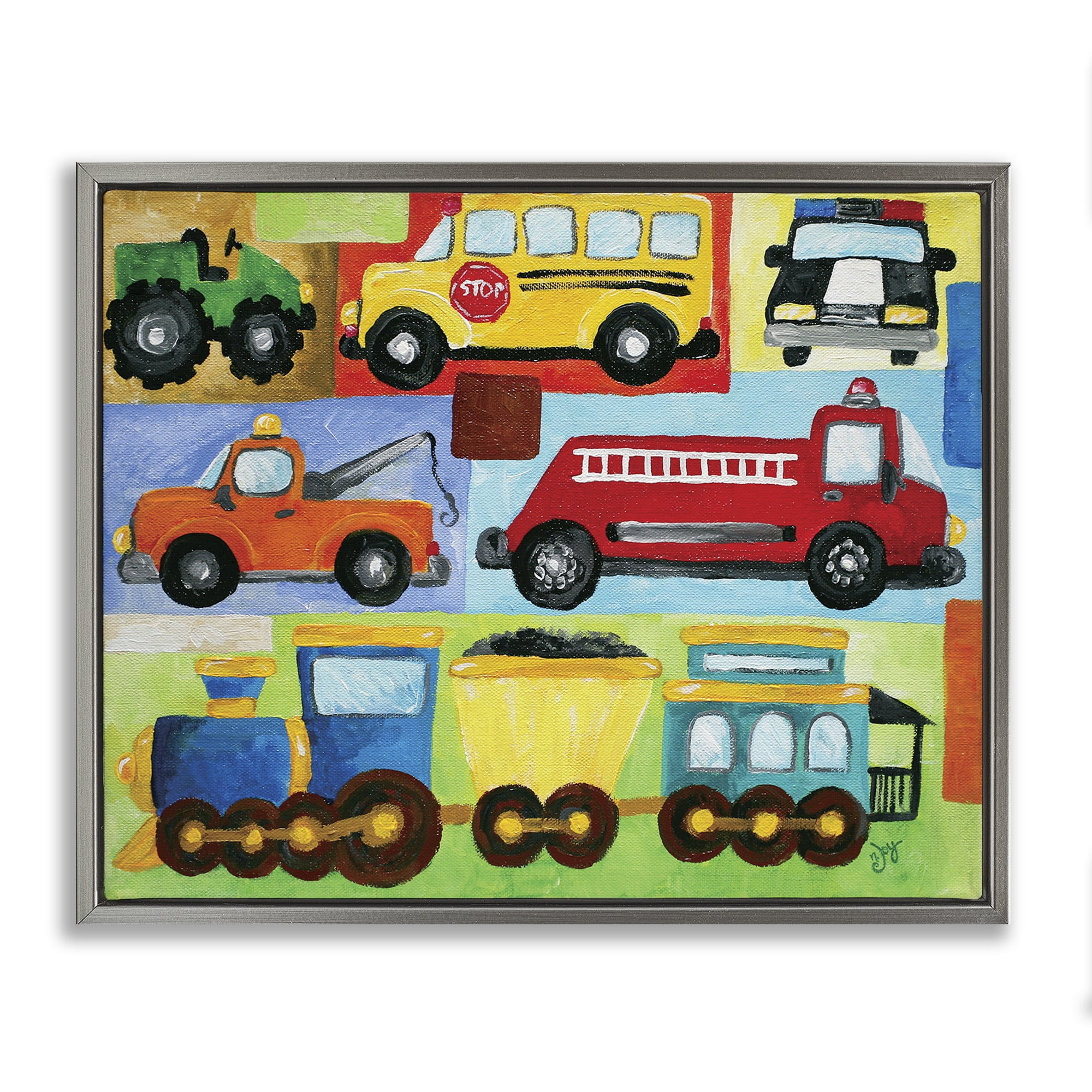Stupell Industries Whimsical Transportation Collage Art for Kids Painting Gray Floater Framed Canvas Art Print Wall Art, 21 x 17