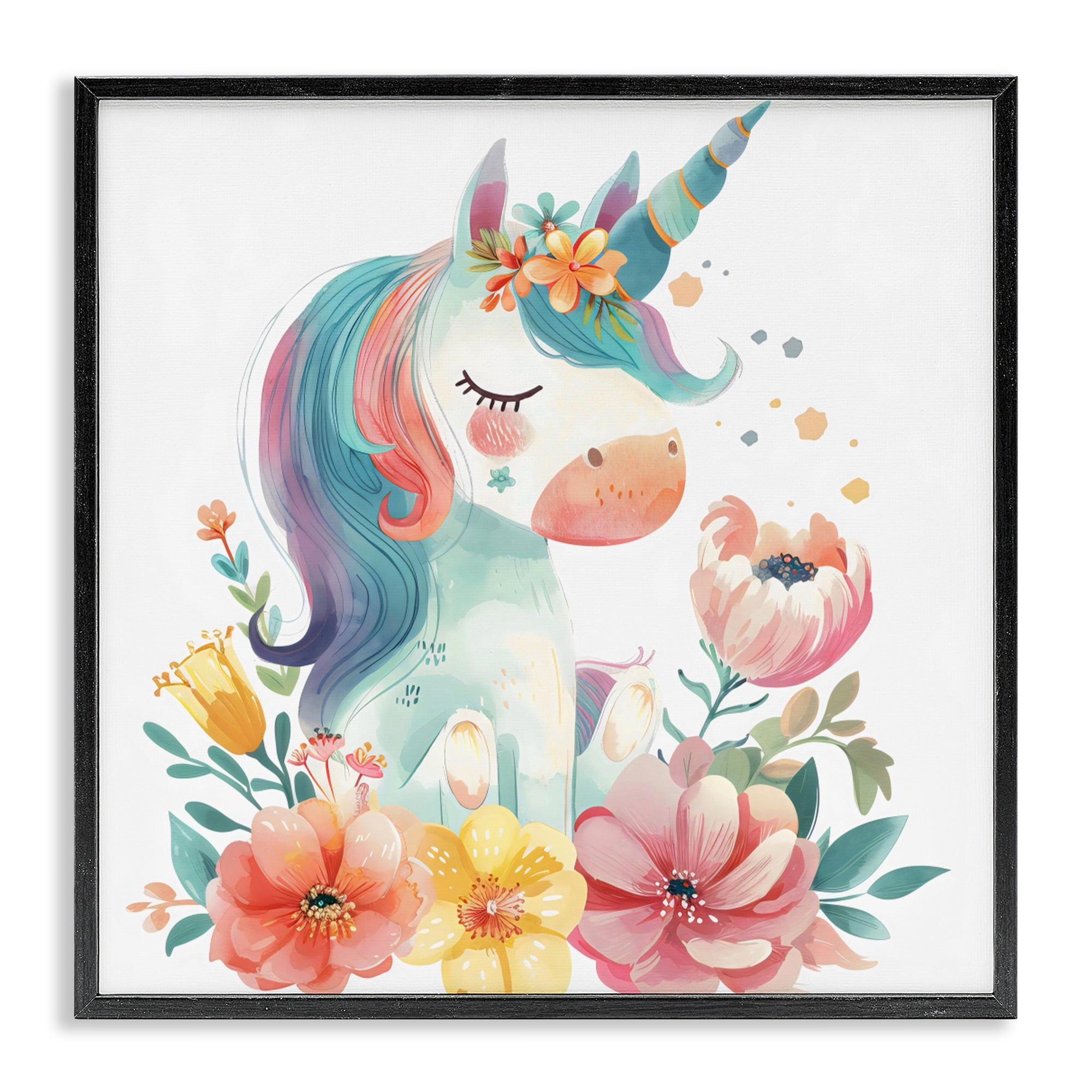 Stupell Industries Whimsical Unicorn with Blossoms Black Framed Giclee Art, design by Creative Studio