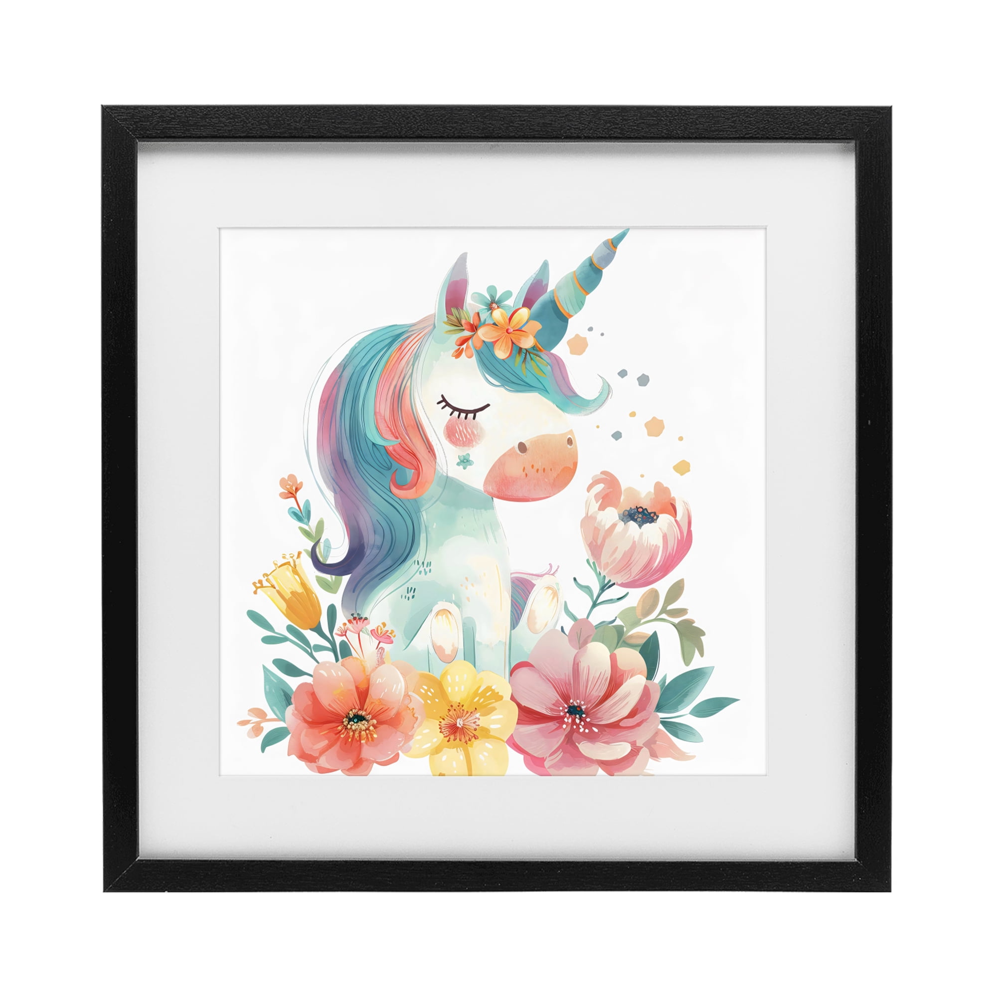 Stupell Industries Whimsical Unicorn with Blossoms Black Framed Print Under Glass, design by Creative Studio