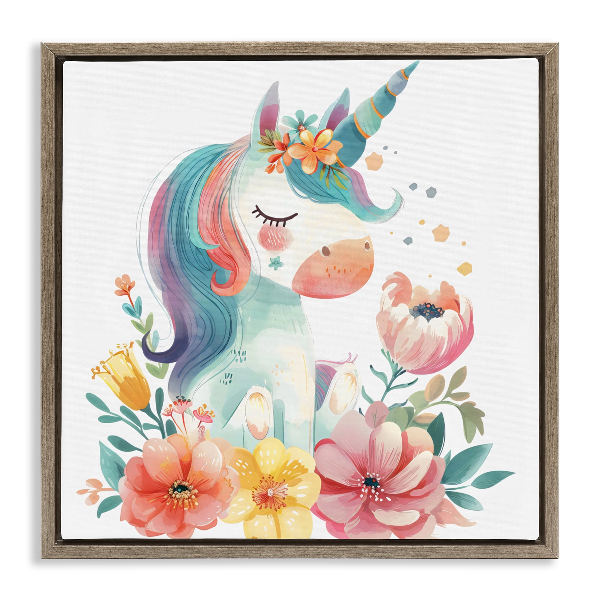 Stupell Industries Whimsical Unicorn with Blossoms Brown Framed Floater Canvas Wall Art, design by Creative Studio