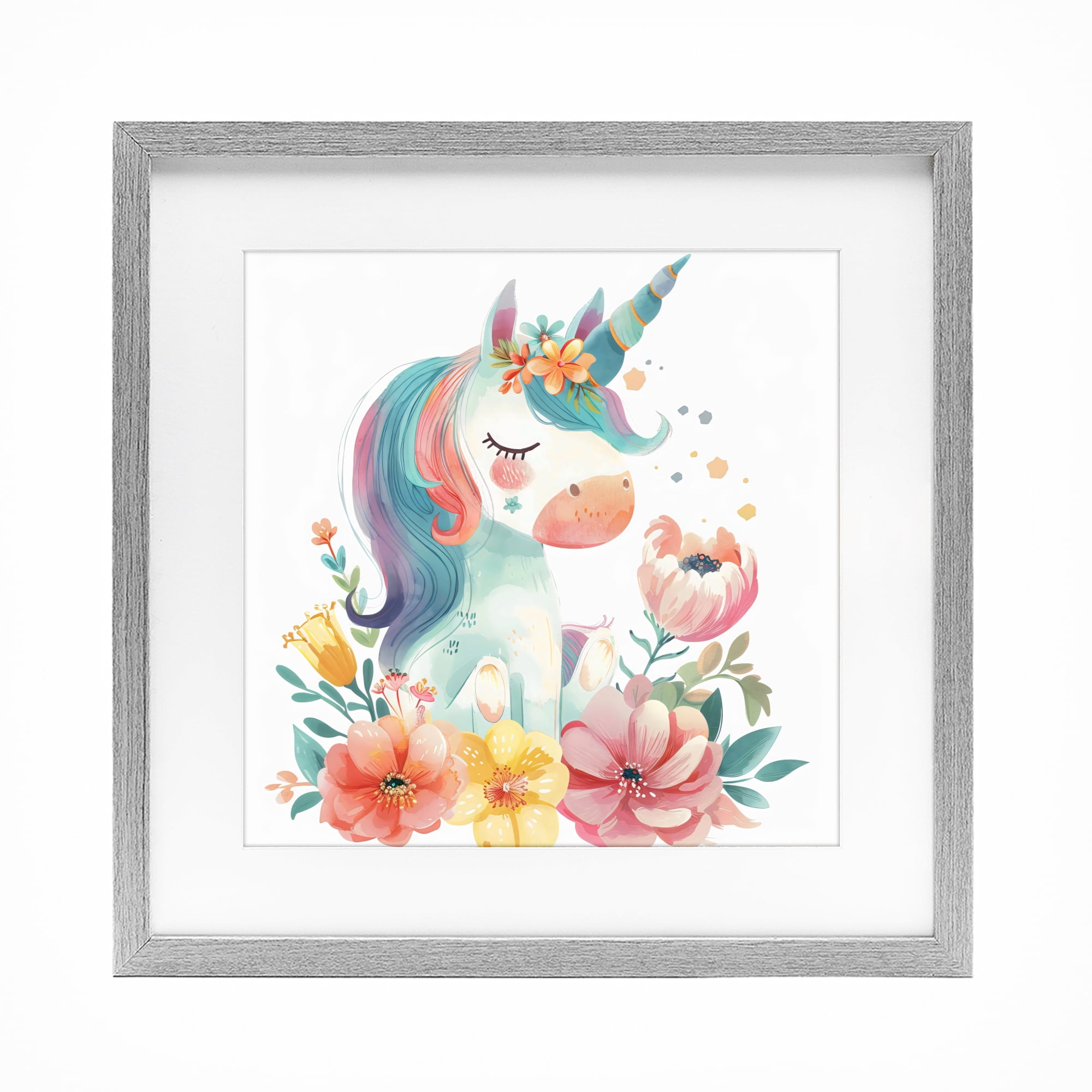 Stupell Industries Whimsical Unicorn with Blossoms Gray Framed Print Under Glass, design by Creative Studio