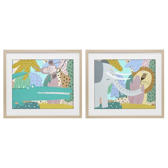Stupell Industries Whimsical Wild Jungle Animals 2 Piece Birch Framed Print Under Glass Set design by Carla Daly, 13 x 16