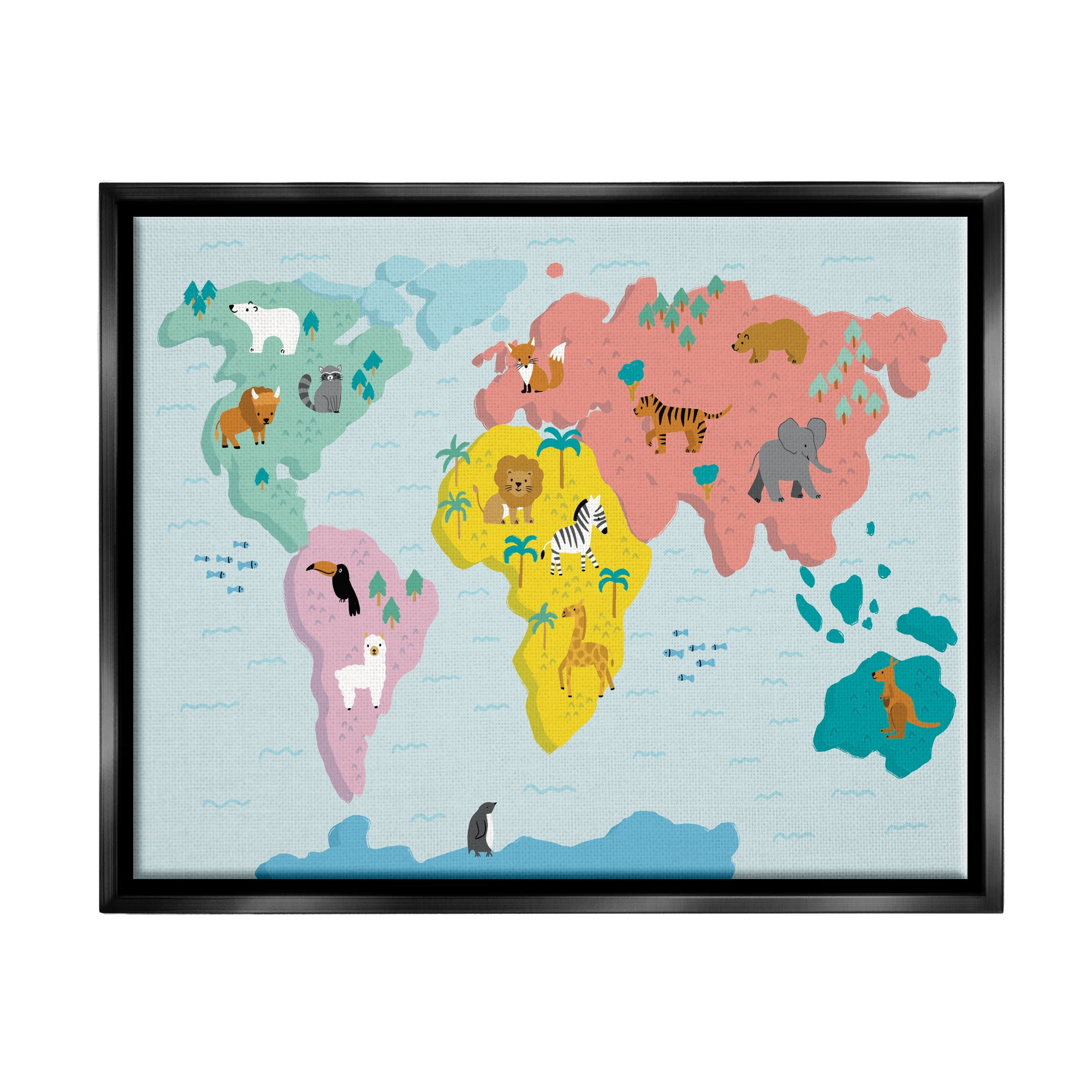 Stupell Industries Whimsical Wildlife World Map Travel & Places Painting Black Floater Framed Canvas Art Print Wall Art, 21 x 17