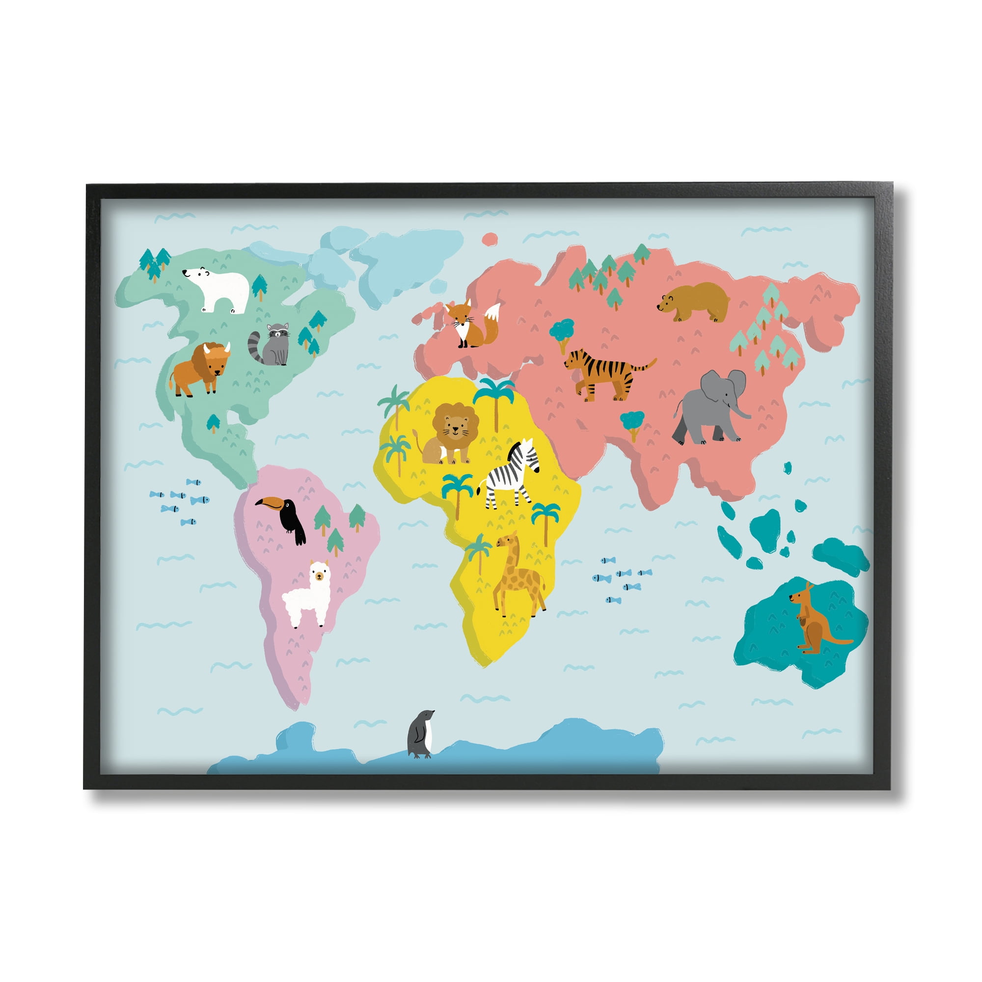 Stupell Industries Whimsical Wildlife World Map Travel & Places Painting Black Framed Art Print Wall Art, 20 x 16
