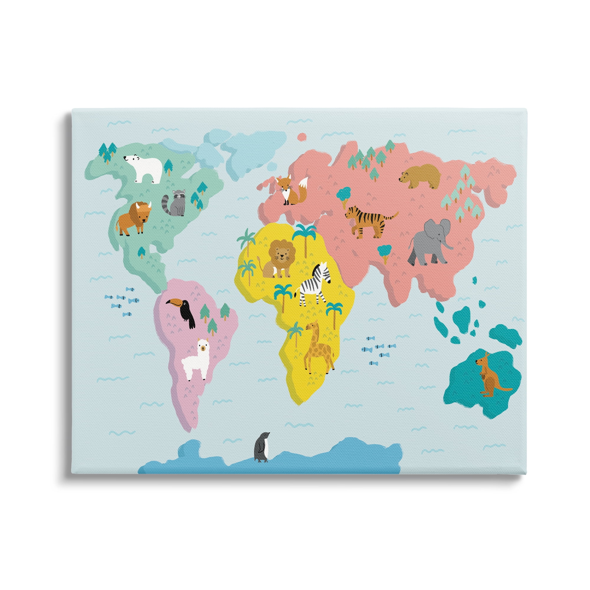 Stupell Industries Whimsical Wildlife World Map Travel & Places Painting Gallery Wrapped Canvas Art Print Wall Art, 40 x 30