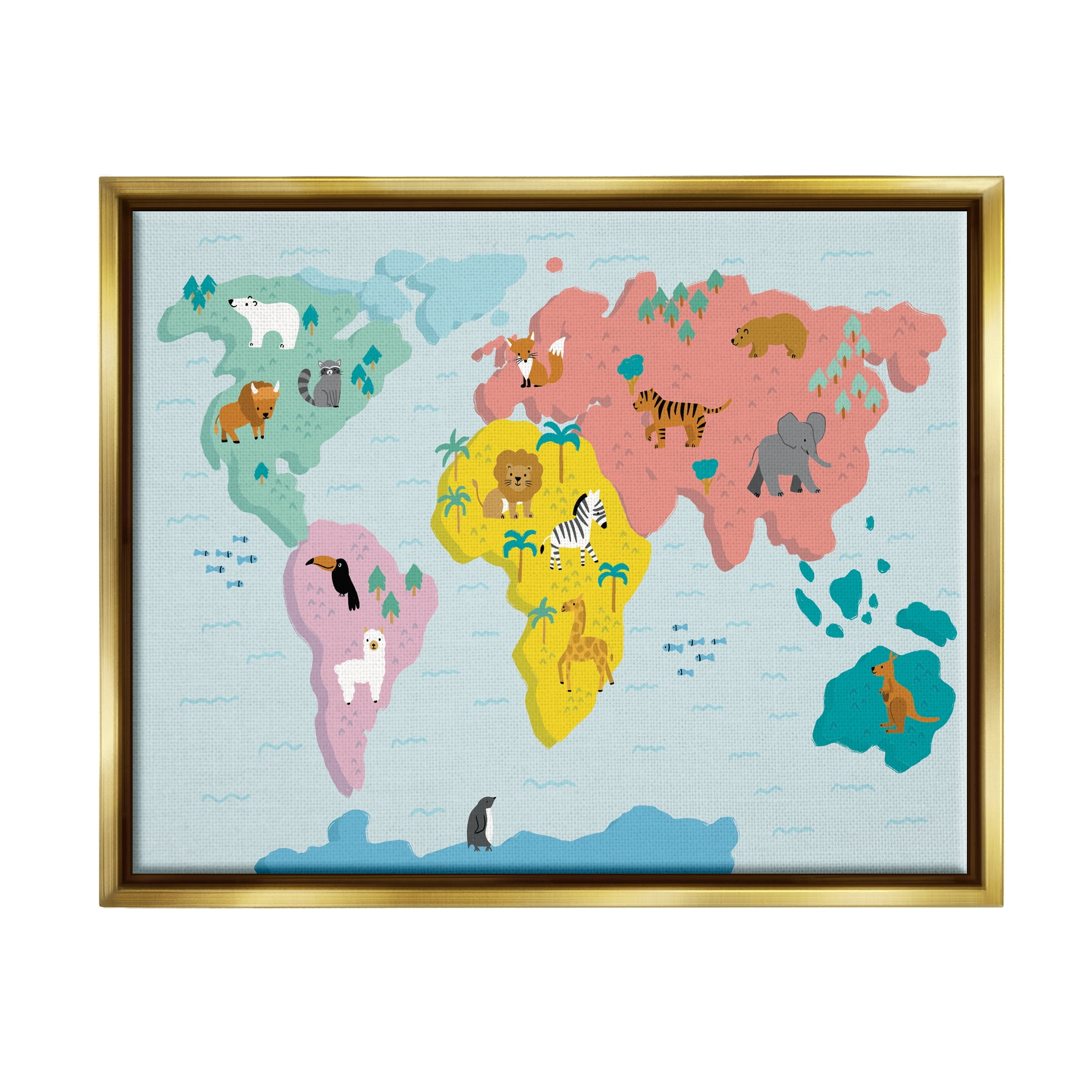 Stupell Industries Whimsical Wildlife World Map Travel & Places Painting Gold Floater Framed Canvas Art Print Wall Art, 31 x 25