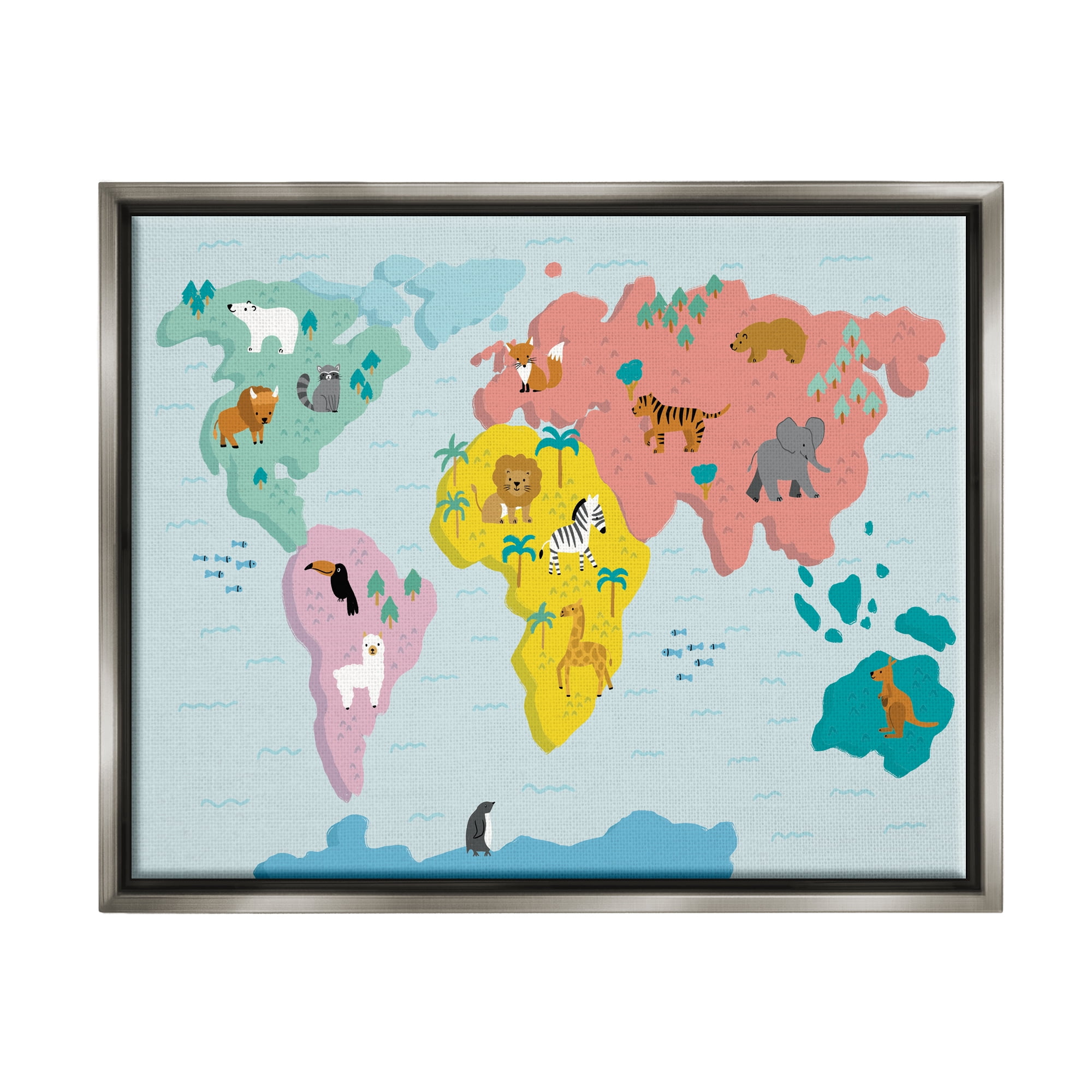 Stupell Industries Whimsical Wildlife World Map Travel & Places Painting Gray Floater Framed Canvas Art Print Wall Art, 31 x 25