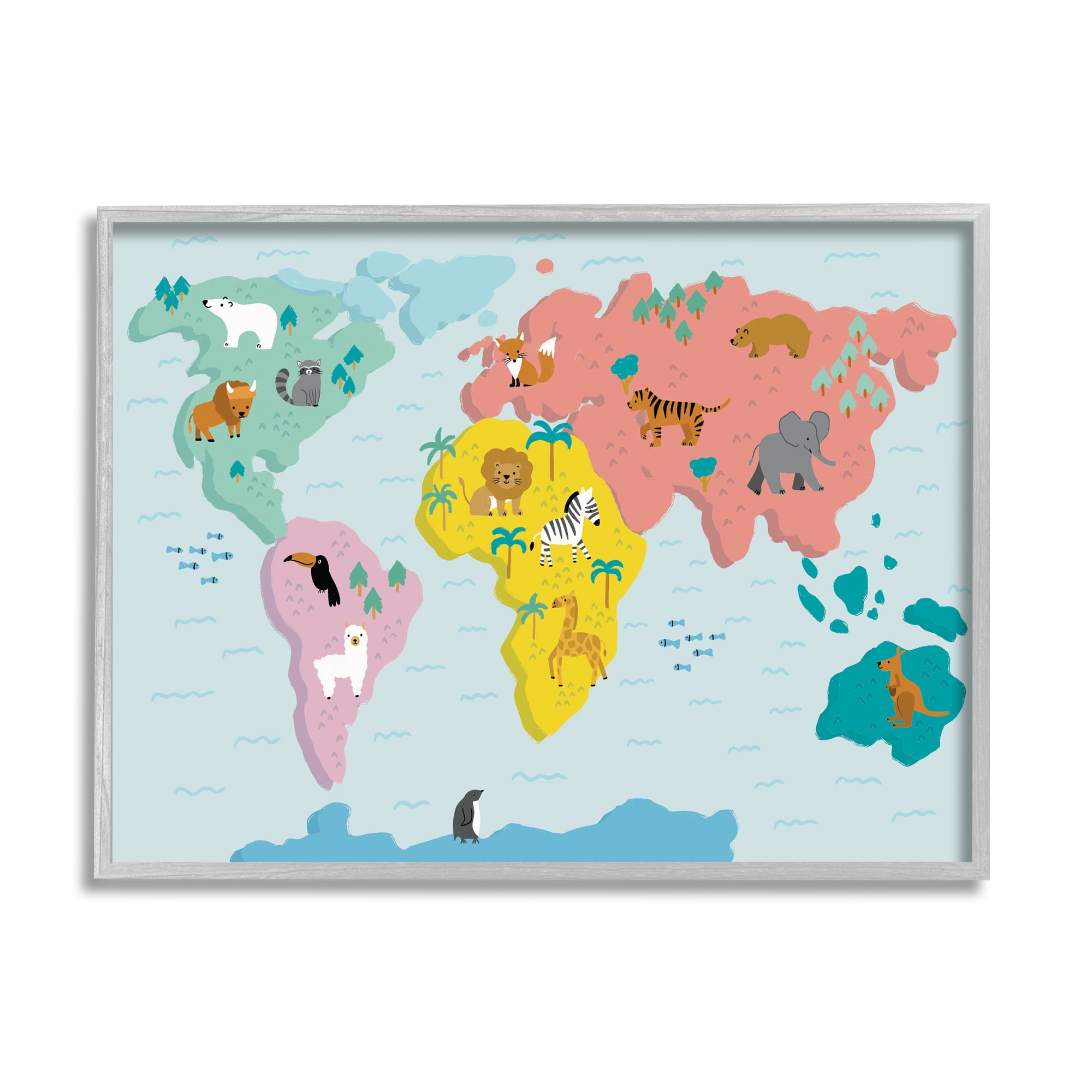 Stupell Industries Whimsical Wildlife World Map Travel & Places Painting Gray Framed Art Print Wall Art, 14 x 11