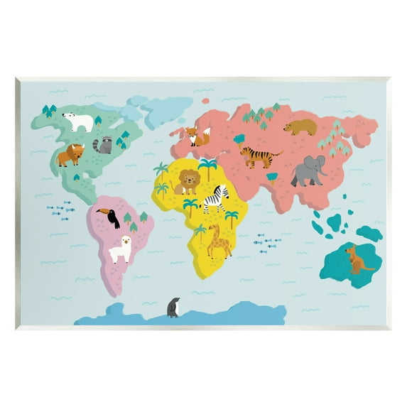 Stupell Industries Whimsical Wildlife World Map Travel & Places Painting Unframed Art Print Wall Art, 15 x 10
