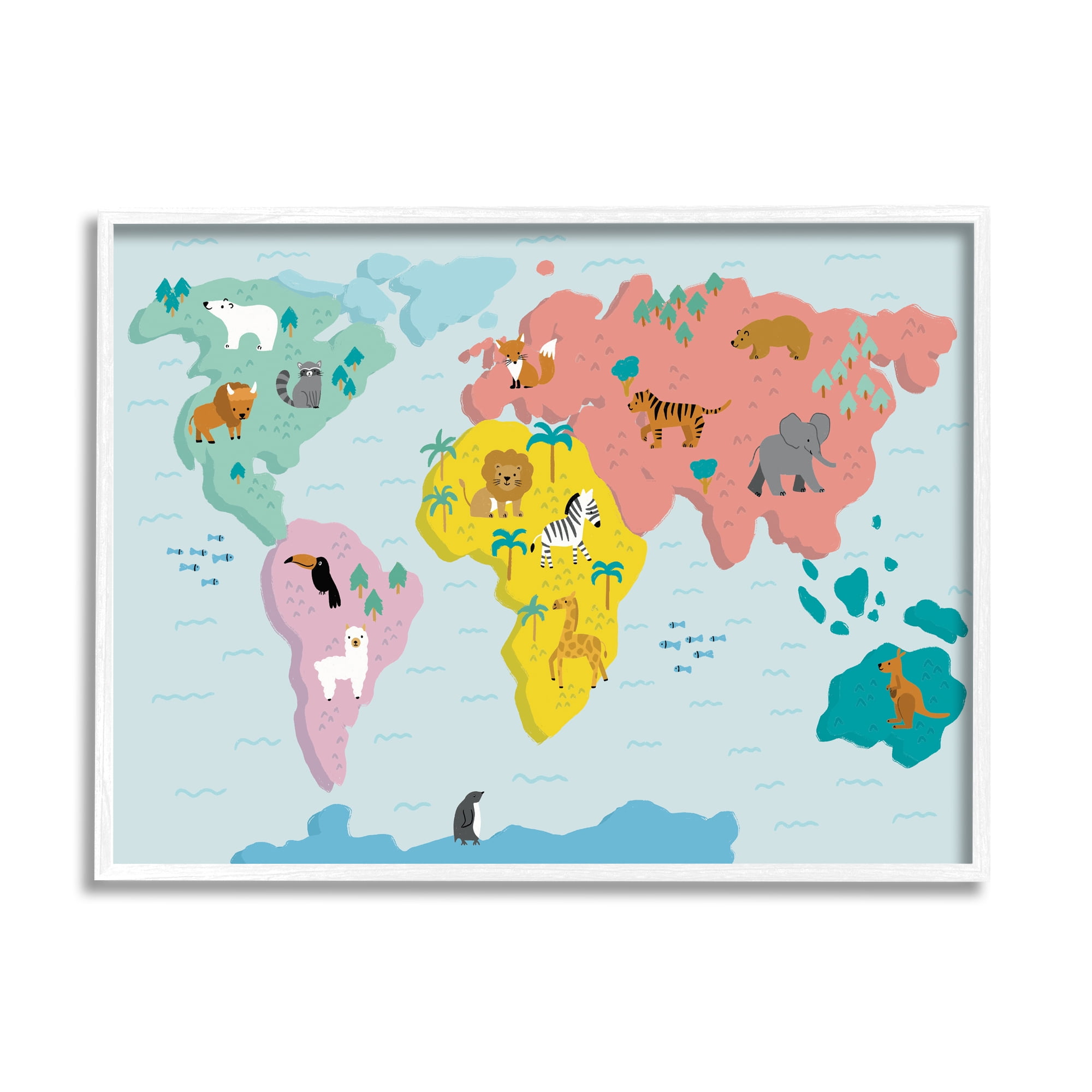 Stupell Industries Whimsical Wildlife World Map Travel & Places Painting White Framed Art Print Wall Art, 30 x 24