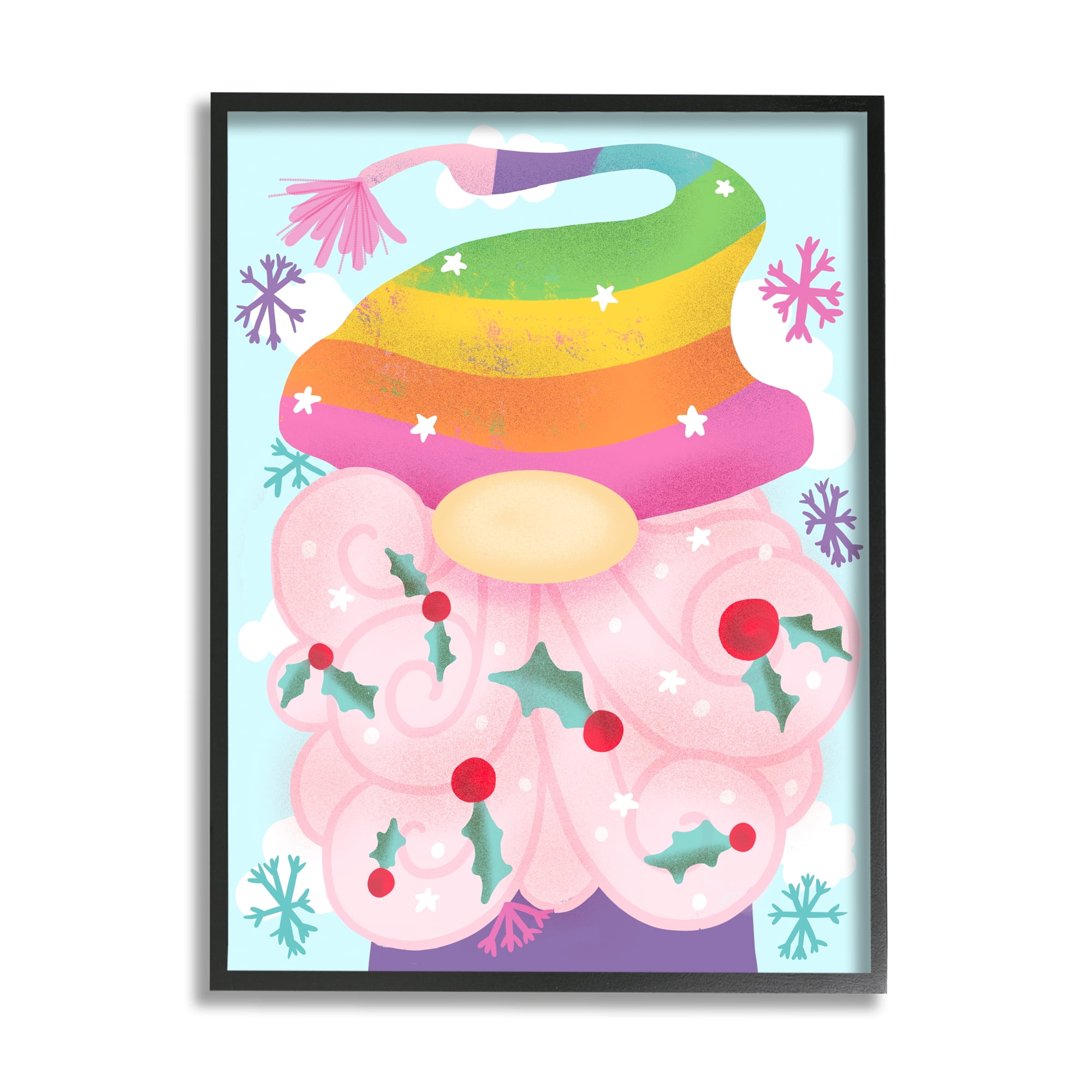 Stupell Industries Whimsical Winter Rainbow Gnome Red Holly Beard Coastal Painting Black Framed Art Print Wall Art, 11 x 14, Design by Daphne Polselli