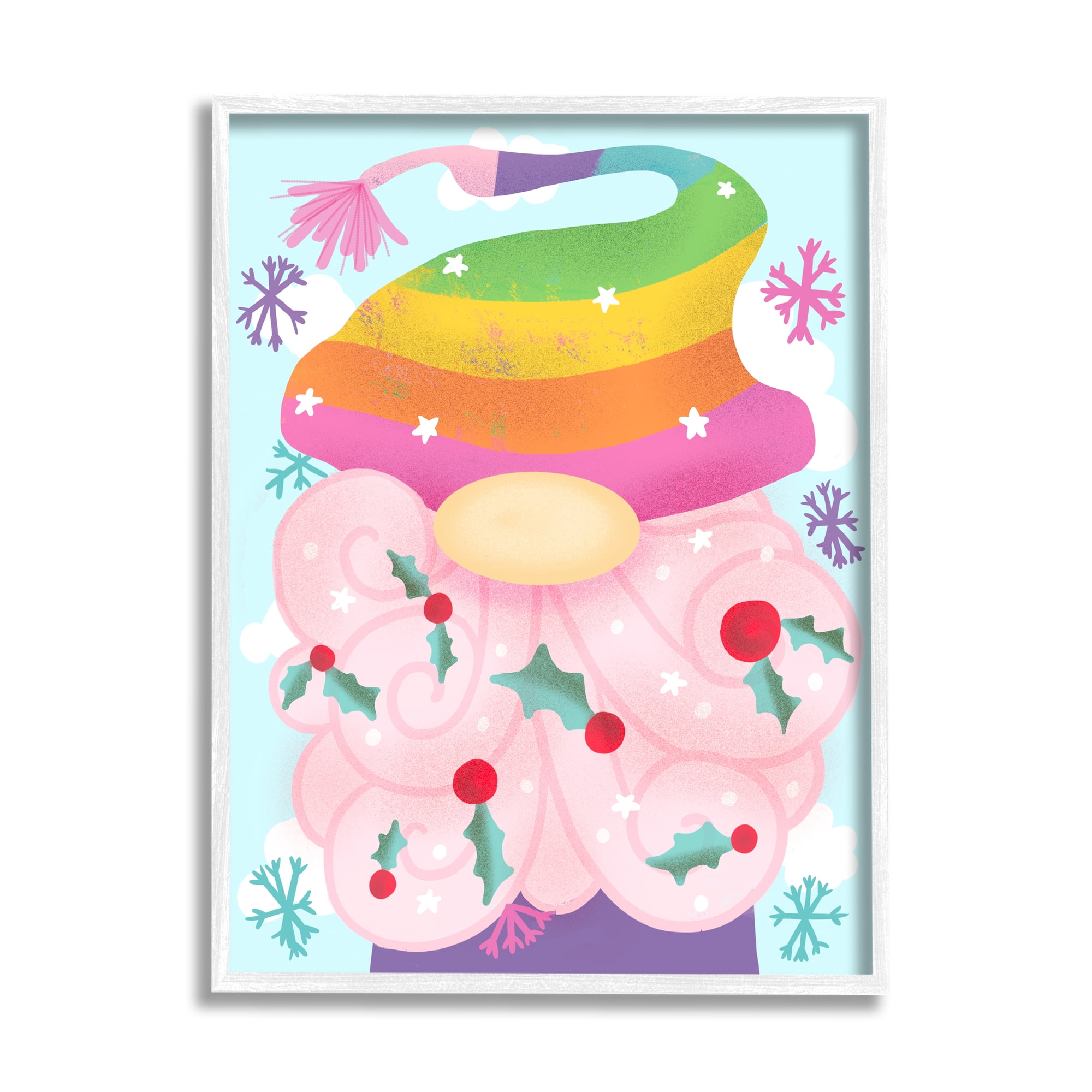 Stupell Industries Whimsical Winter Rainbow Gnome Red Holly Beard Fairy Tales & Fantasy Painting White Framed Art Print Wall Art, 16 x 20
